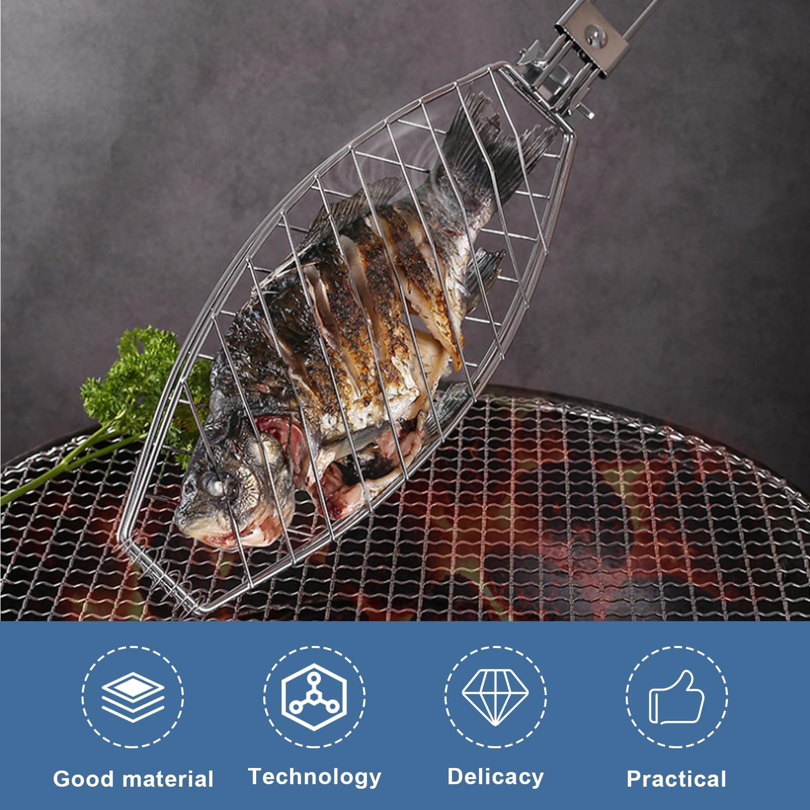 3 x Fisch Grillhalter mit Holzgriff, 63x12cm Große Fischbräter Fischgriller mit Griff aus Metall, Grillfisch Rack Fischgrillzange Fischkorb für BBQ und Grill