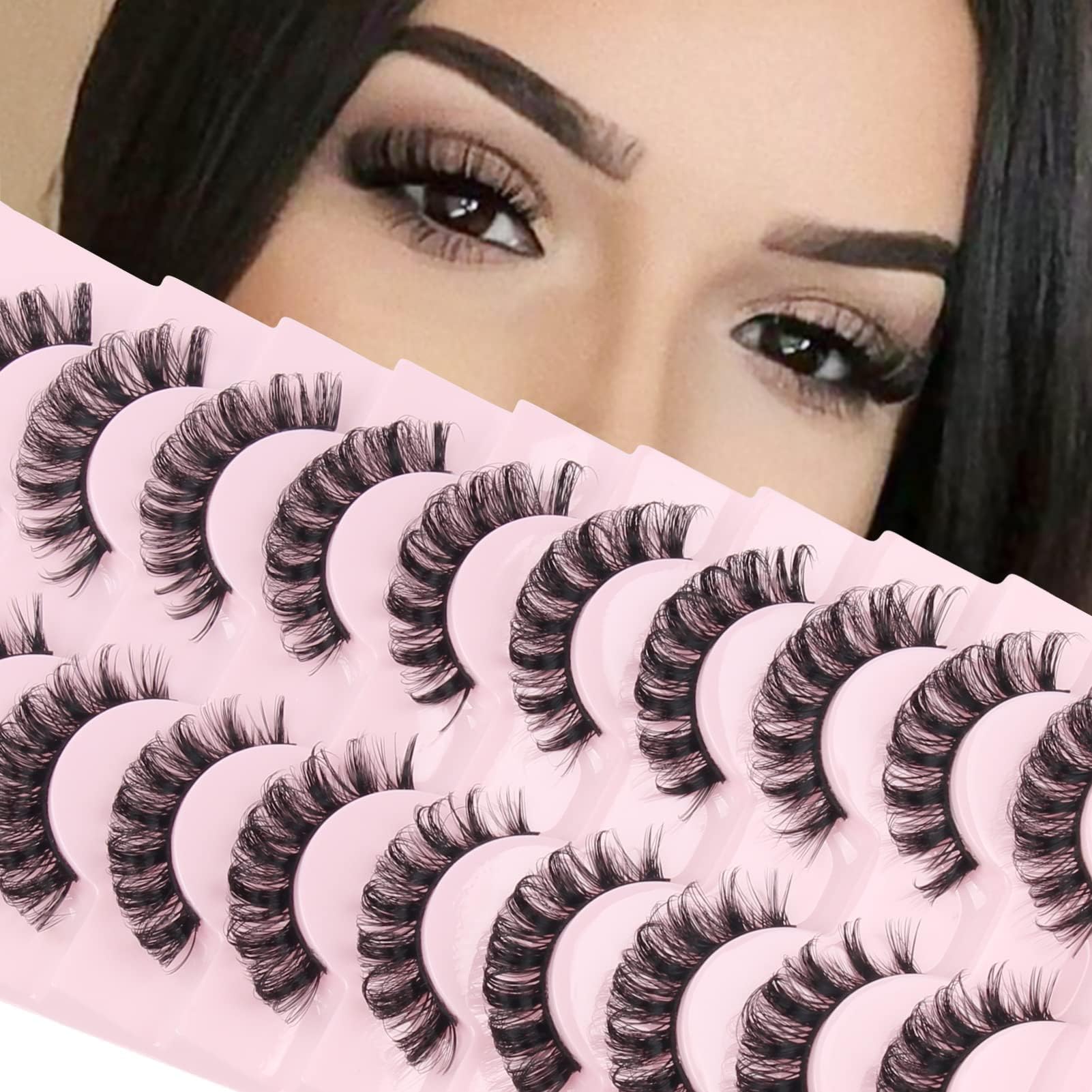 AuguetyArtificial Eyelashes Cateye Russian False Eyelashes Natural 10 Pair Russian Strip Lashes Reusable Fake Eyelashes D Curl Cat Eye Lashes Fluffy Fake Lashes Curly False Eyelashes