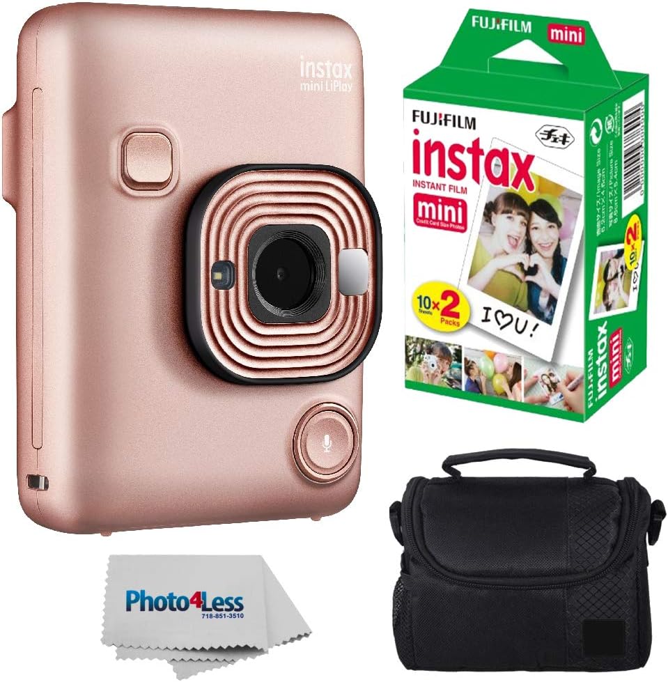 FujifilmInstax Mini LiPlay Hybrid Instant Camera (Blush Gold) + Fujifilm Instax Instant Film (20 Shots) + Camera/Video Case + Photo4Less Cleaning Cloth – Top Value Deluxe Bundle