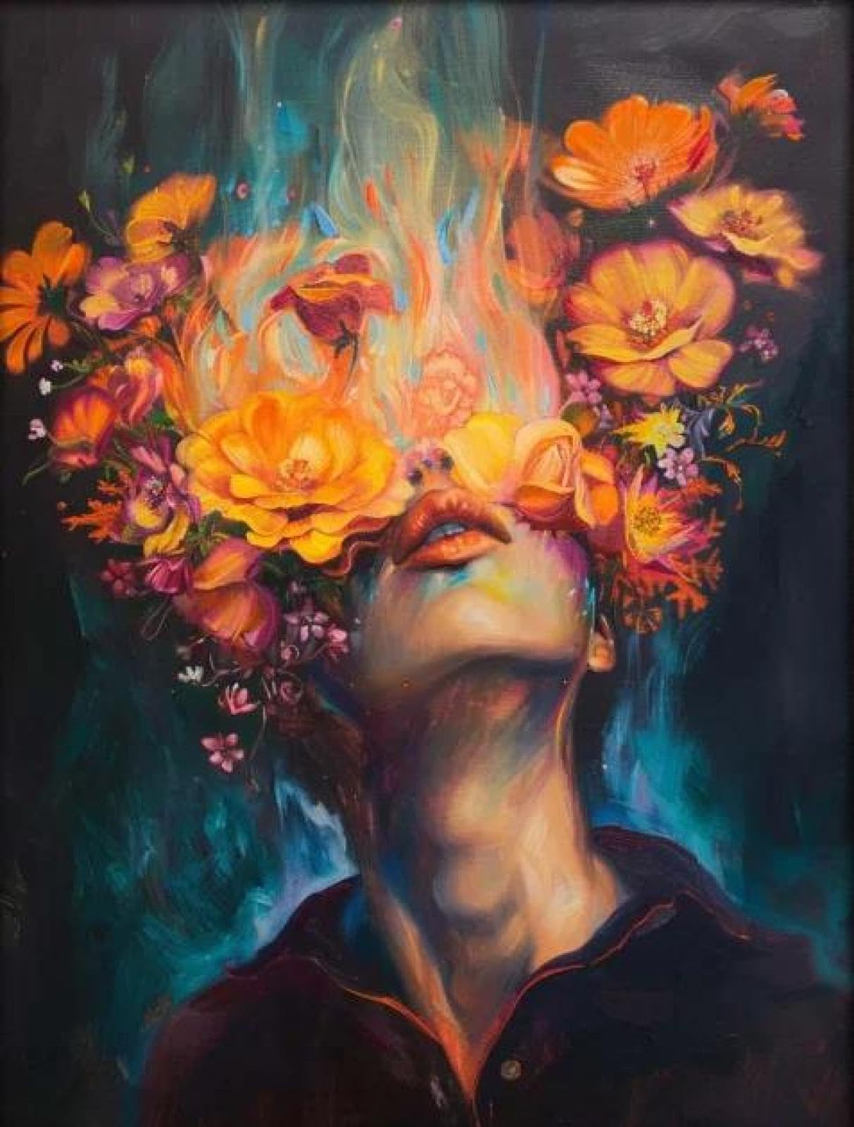 Yocheng Floral Portrait Female Poster Print Abstract Luxury Floral Face Art Canvas Painting Living Room Home Decor 21x30cm No Frame