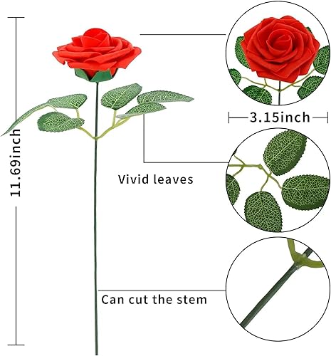 Miniatura 2 de 25 piezas Rosas artificiales de tallo largo con tallo largo, rosas falsas de espuma para decoración, ramos de boda, centros de mesa, despedida de