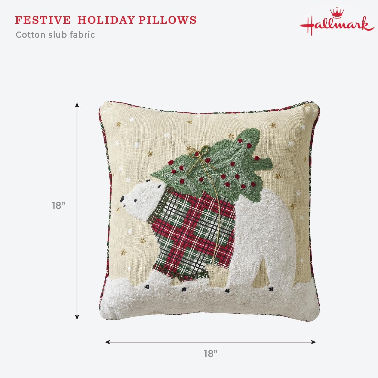 Hallmark - Decorative Throw Pillow for Couch or Bed, Holiday Home Décor, 18" x 18", (Polar Bear, Beige)
