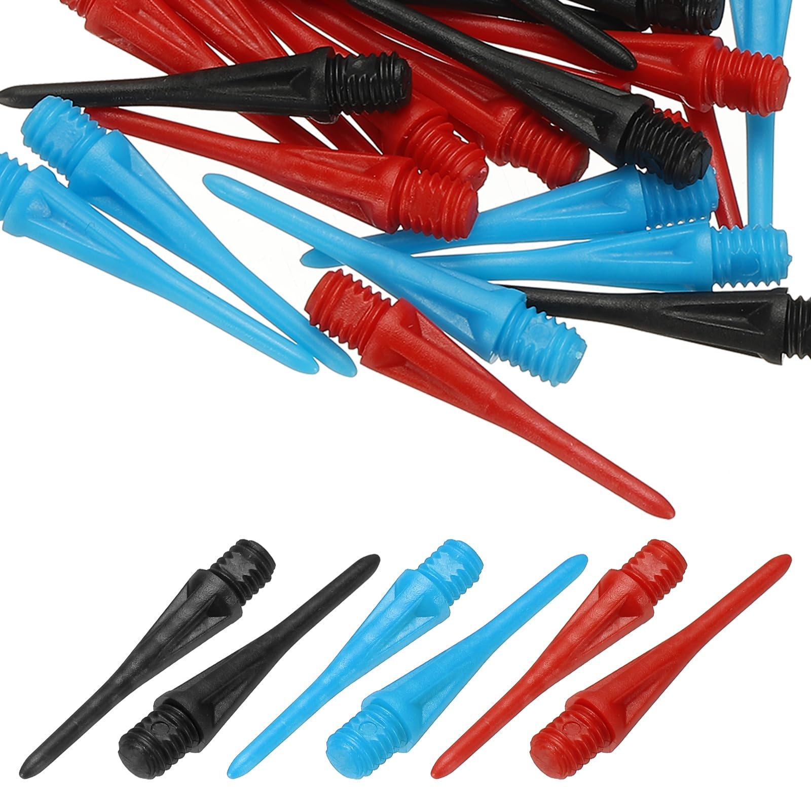 YELARXI Plastic Dart Tips, 2BA Thread Soft Tip Dart Points Replacement Dart Accessories- Fitting for (Electronic Dartboard/Practice/Home Entertainment/Competition) 30 Pack & Black/Red/Blue
