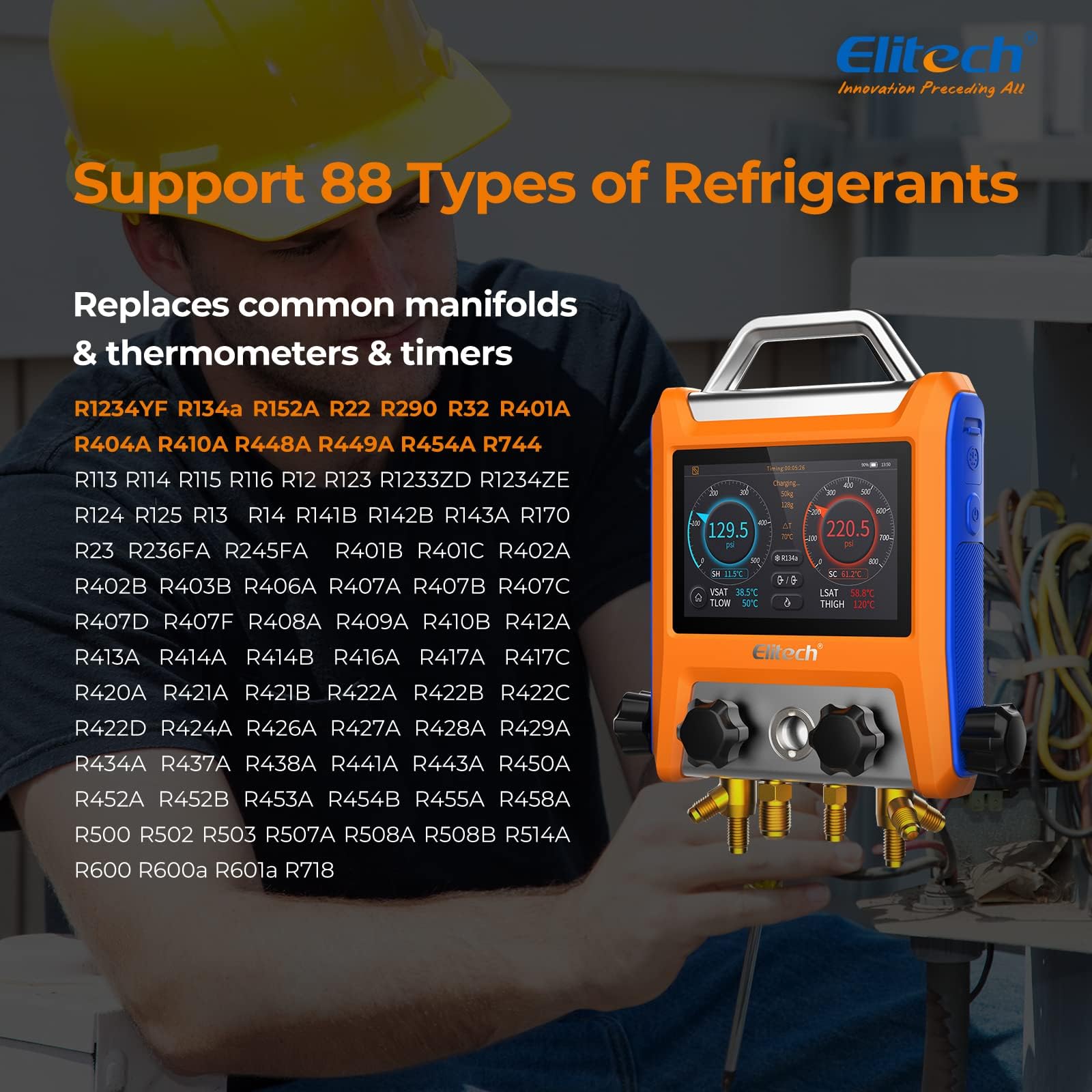 Elitech Manometr HVAC Inteligentny Czterodrożny EMG-40V - Precyzyjny Pomiar Ciśnienia I Temperatury, Kompatybilność Z Wieloma Czynnikami Chłodniczymi, Wyświetlanie Krzywych