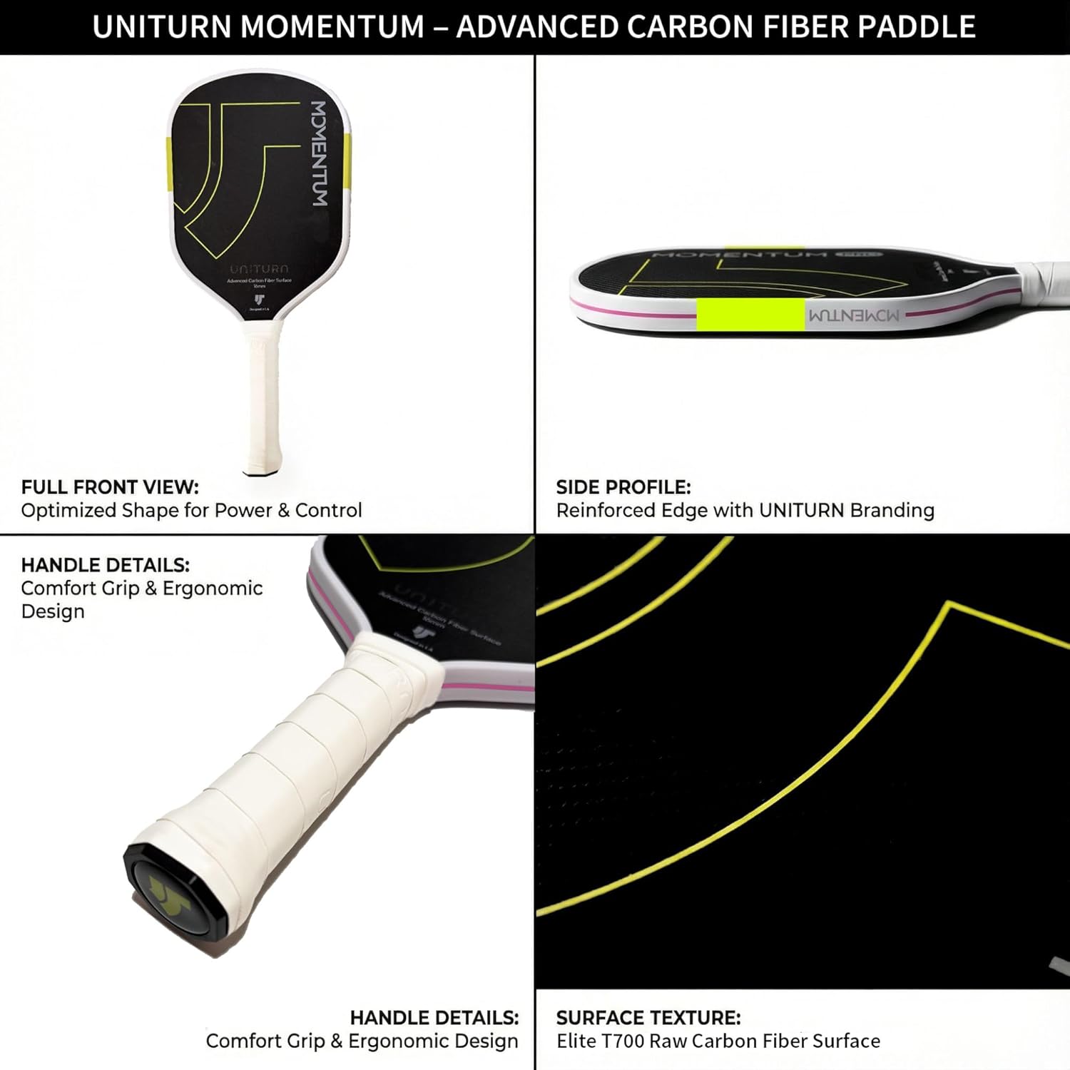 Momentum Carbon Fiber Pickleball Paddle T700 Pro-Spin Surface, 16mm Control Core, High-Density Stability