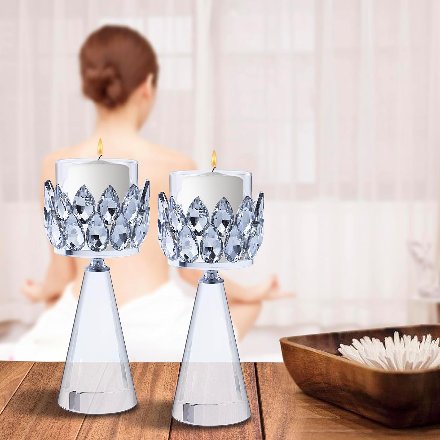 Hurricane Candle Holder, Silver Crystal Glass Candle Holders for Table Centerpiece, Shabbat Votive Candle Holders