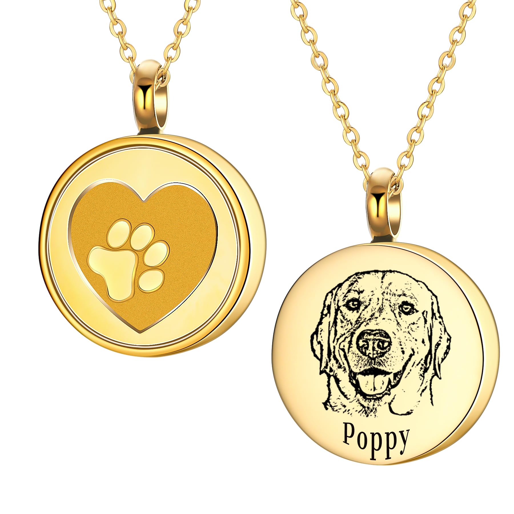 Cring Coco Custom Pet Urn Necklace,Cat/Dog Paw Print Keepsake Jewelry,Personalized Pet Name and Portrait,Stainless Steel Memorial Pendant,Keepsake for