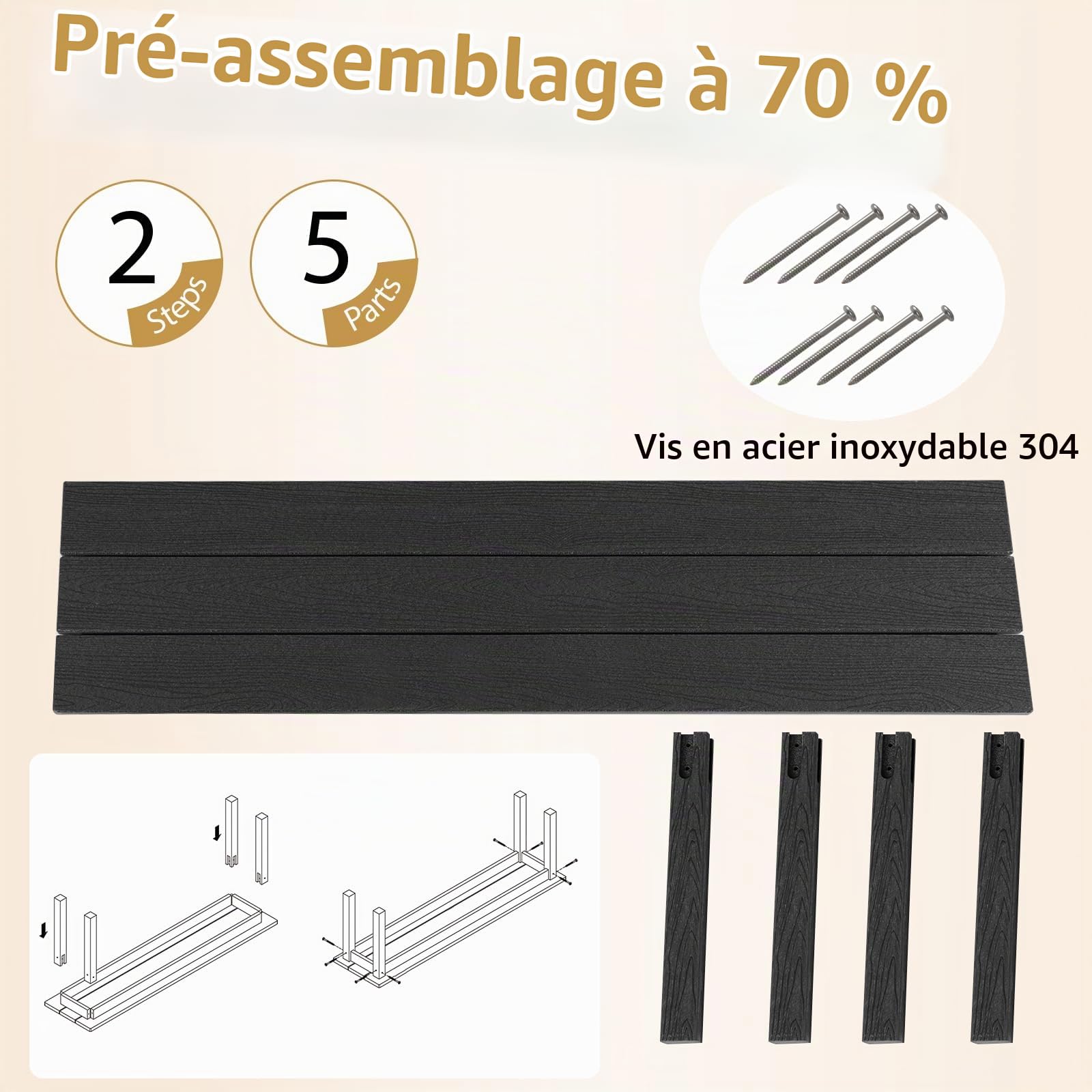 KOMFOTTEU Banc de Jardin en HDPE, Banc de Parc pour 2-3 Personnes, Charge de 340 kg, Bancs d'Extérieur, Conception en Lamelles, 140 x 35 x 45 cm, Surface Effet Bois, pour Terrasse, Cour (Noir)