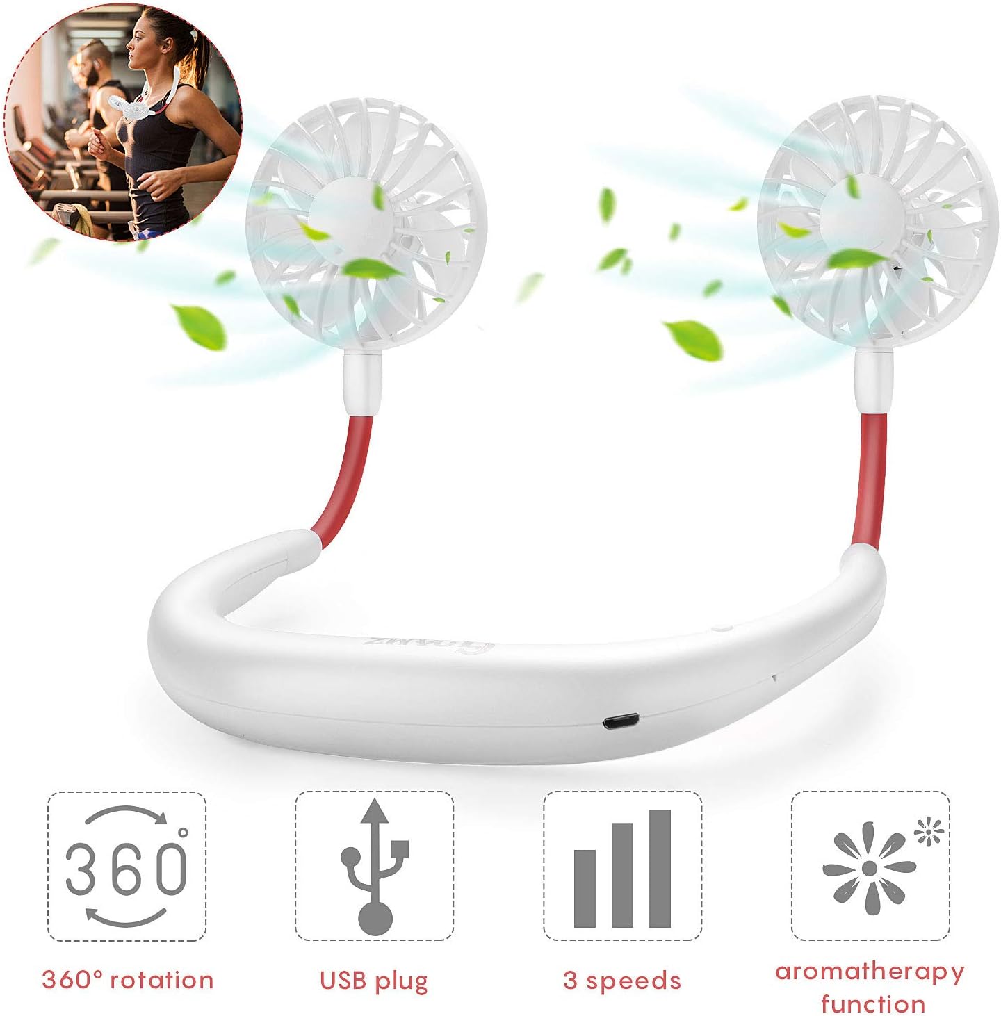 Lazy Neck Fan USB Rechargeable Portable Mini Wearable Neckband Fan with Led Light Electric Dual Neck Flexible for Face,Aromatherapy for Gym,Travel,Office (White)