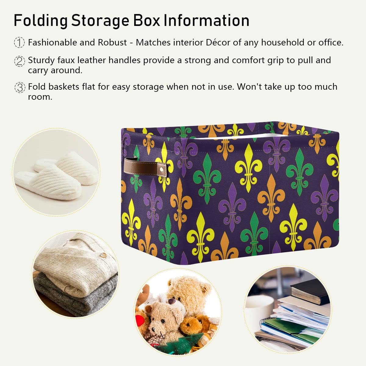 Mardi Gras Fleur de Lis Purple Storage Basket Fabric Laundry Baskets Mask Beads Confetti Feather Accessories Storage Boxes Organizer Bag for Cloth Toy Book Storage Cubes Shelf Closet Bins 16×12×8