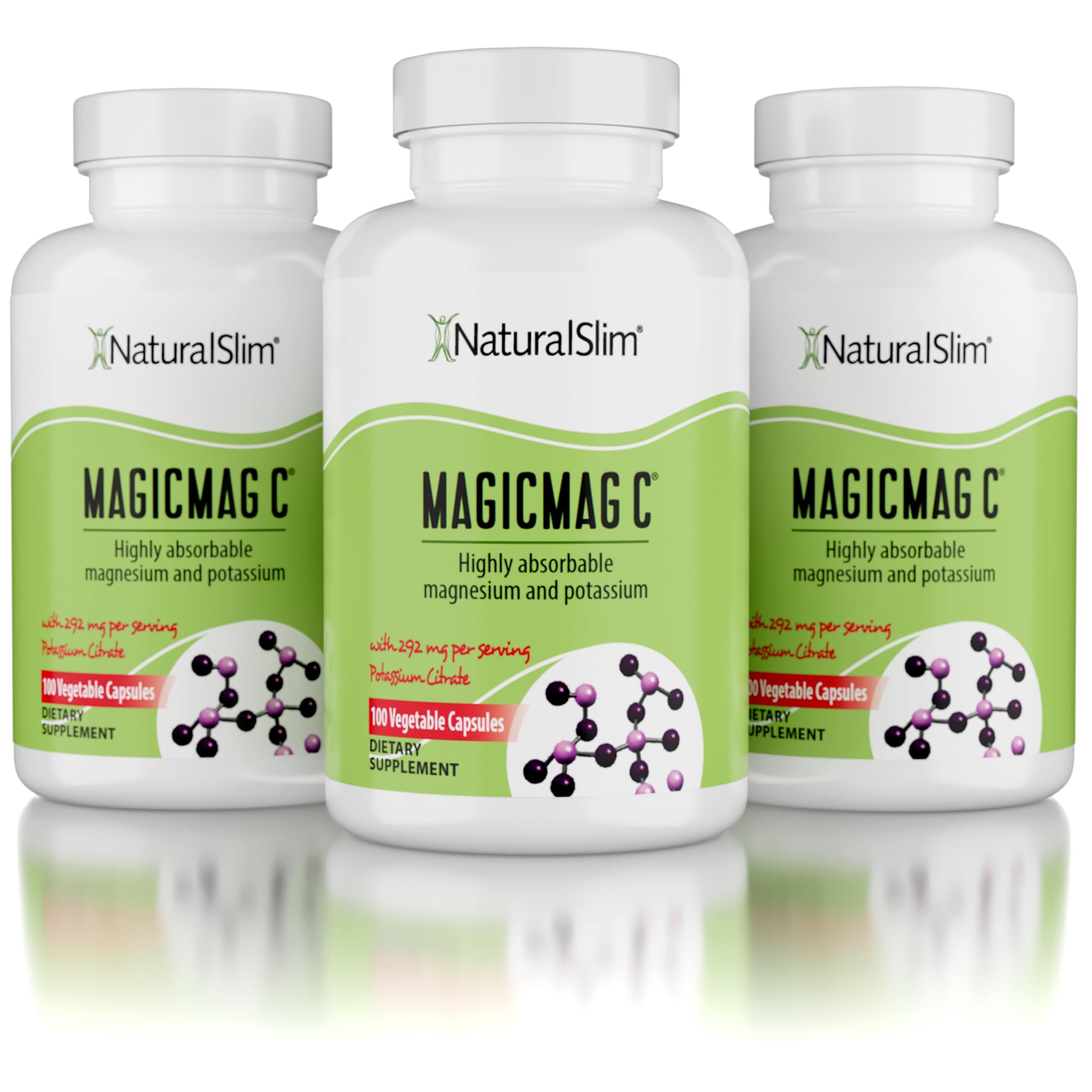 NaturalSlim Potassium Magnesium Supplement 100 Capsules – MagicMag C Magnesium Citrate Supplements for Sleep Support, Heart Health, and Muscle Cramp Relief | Gluten-Free 3 Pack