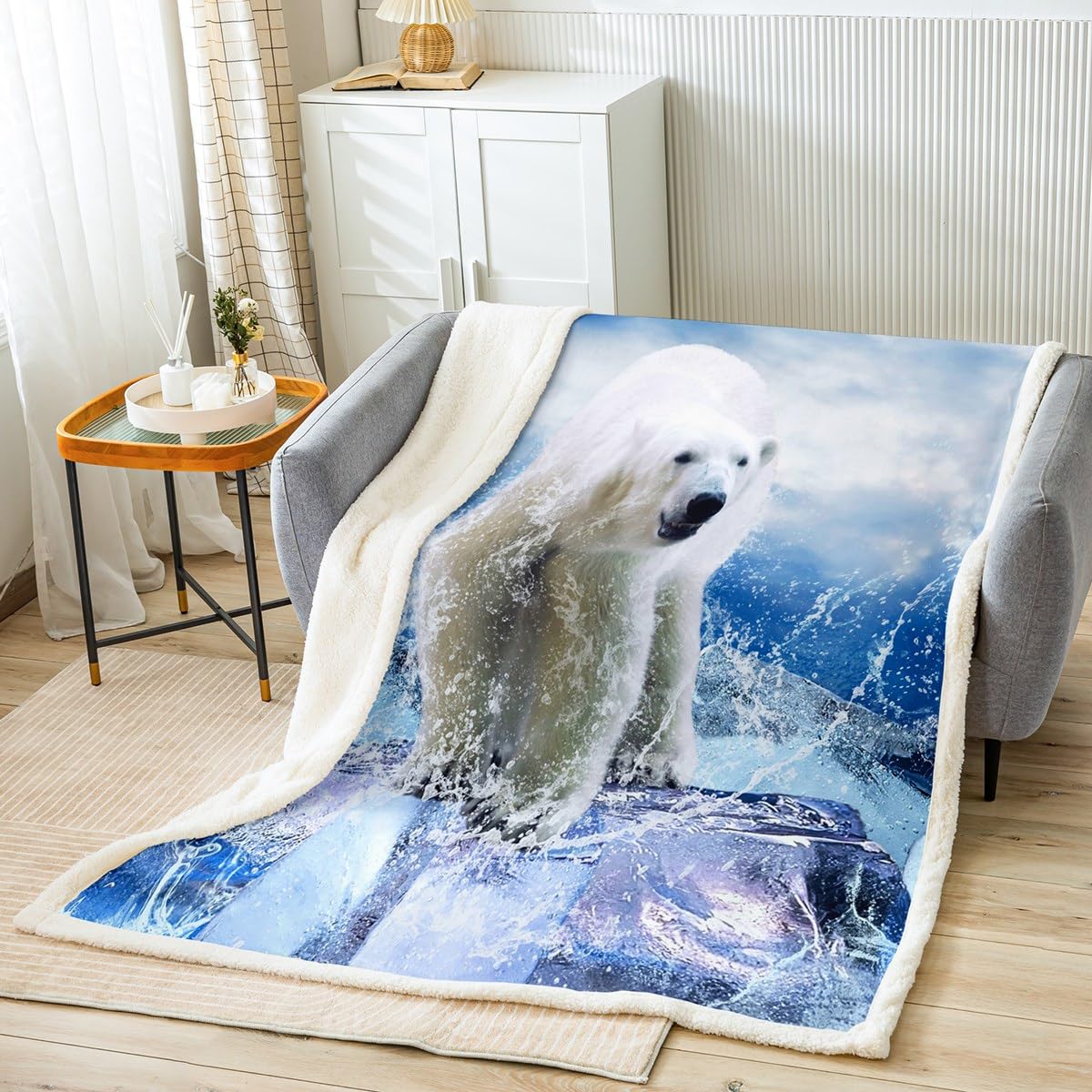Homemissing Coperta in pile per bambini, orso bianco, per letto, divano, stampa orso, sherpa, coperta morbida e carina con animali sfocati, blu artico scenario regina 200 x 200 cm