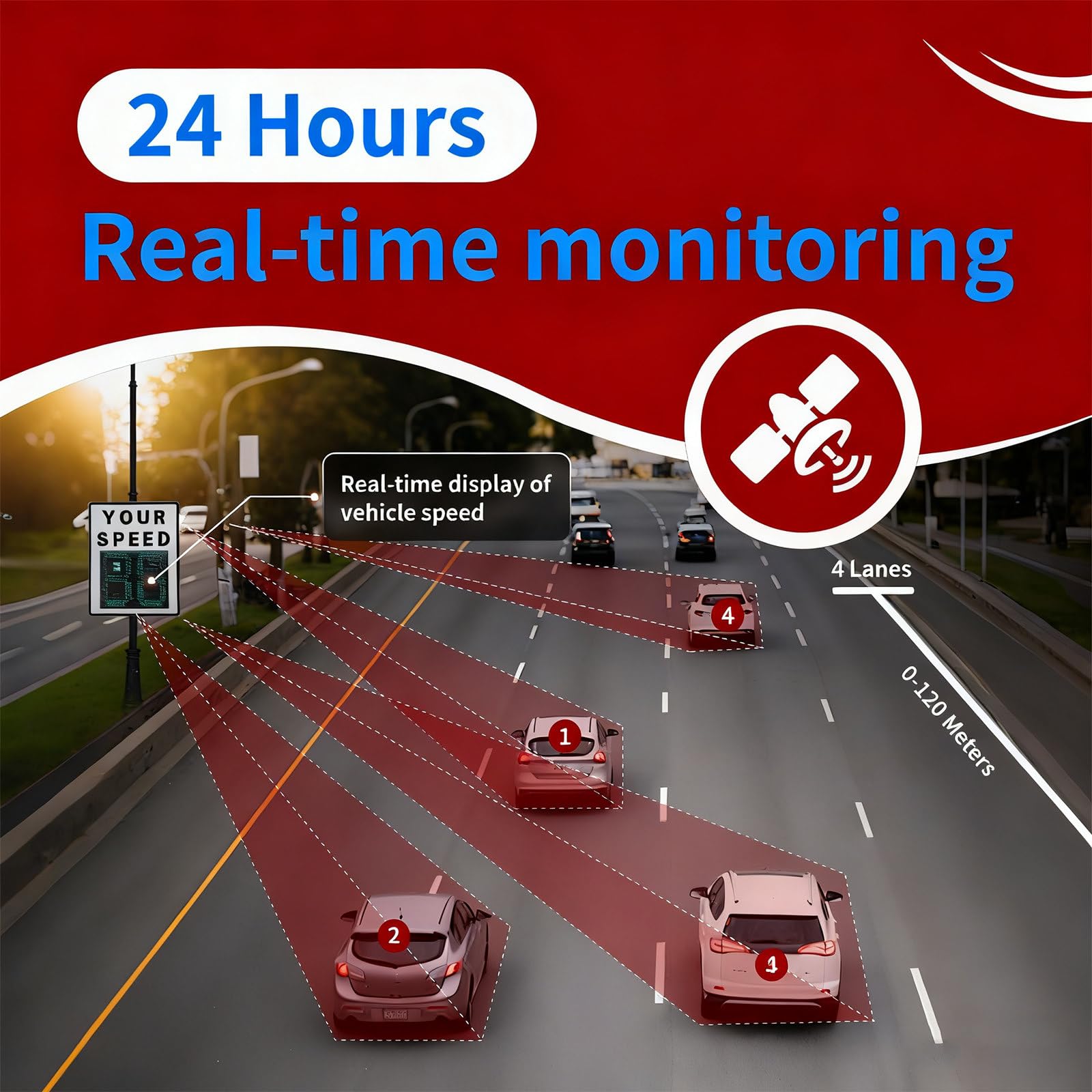 Cartel de Velocidad con Radar Solar – Panel de Visualización Inalámbrico de 60x90 cm con Retroalimentación Instantánea, Control Remoto, Detección de 200 m y Protección IP65