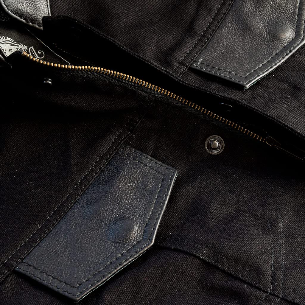 Chaleco motero vaquero negro con detalles en cuero modelo SOA de IGUANA CUSTOM COLLECTION estilo biker custom para poner parches de clubs o freebikers