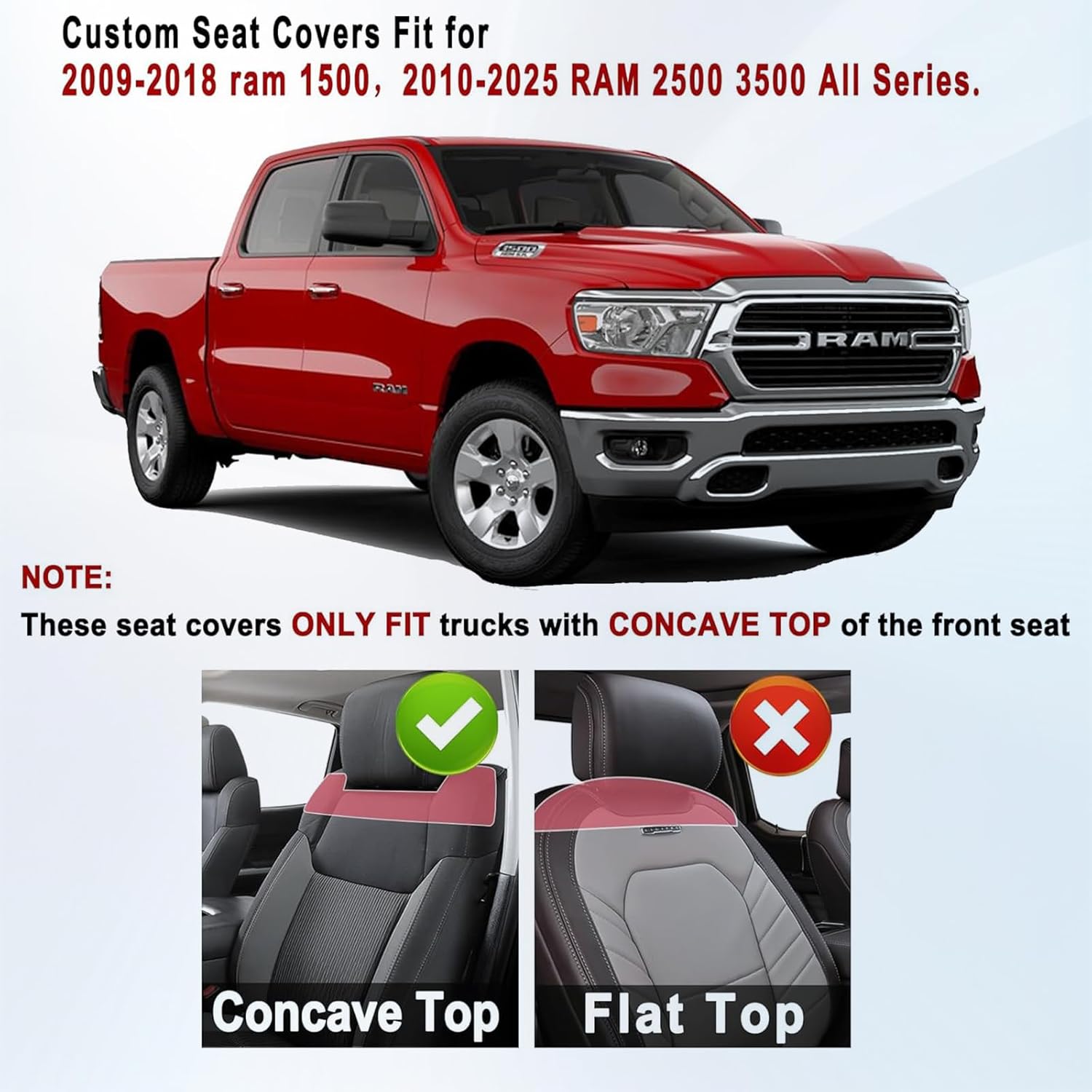Huidasource Front Car Seat Covers for Dodge Ram, Waterproof Seat Cushion Ram Pickup Truck Seat Protector Fit for 2009-2025 Ram 1500, 2010-2025 Ram 2500/3500 Crew/Mega Cab(Concave Front/Black&Red)