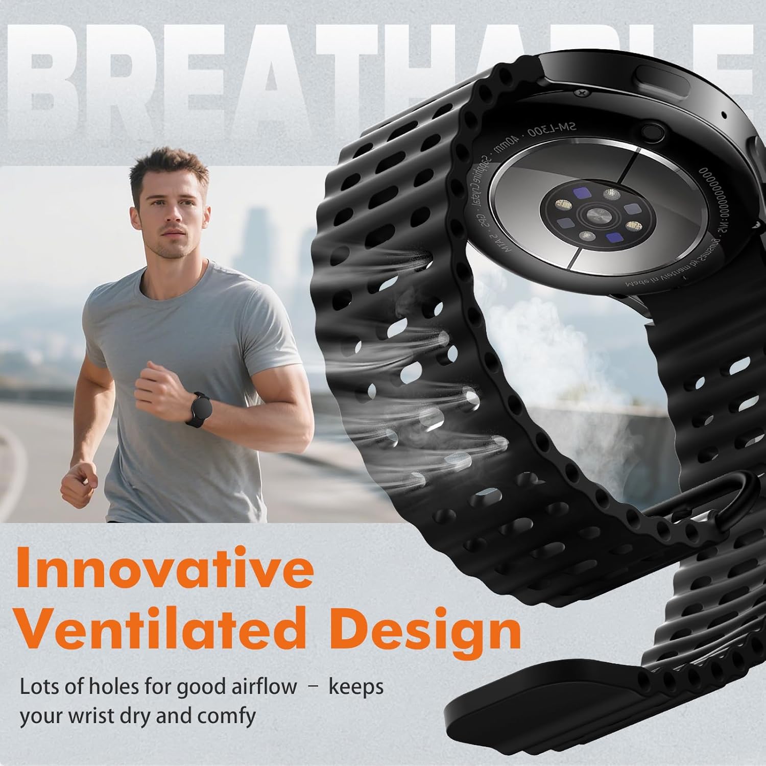 Sport Band for Samsung Galaxy Watch 7 5 4 6 FE 44mm 40mm/for Galaxy Watch 6/4 Classic 47mm 43mm 46mm 42mm/Watch 5 Pro 45mm, No Gap Breathable Soft Silicone Strap 20mm Replacement Men Women, Black - Image 2