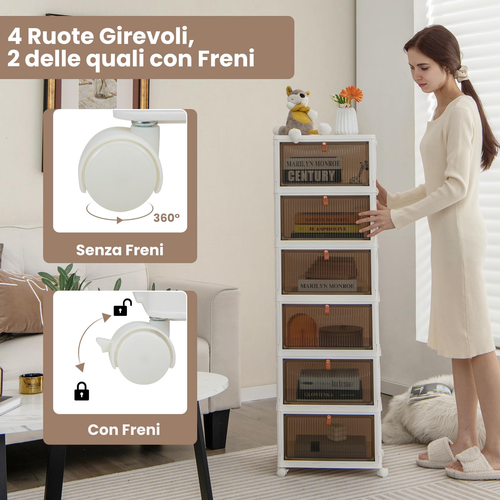 COSTWAY Scarpiera Pieghevole a 3/4/6 Piani, Mobile Multiuso Impilabile con Porte Trasparenti Magnetiche e Ruote Piroettanti Bloccabili, Contenitore con Coperchio per Cibi Giocattoli Abiti (6 Piani)