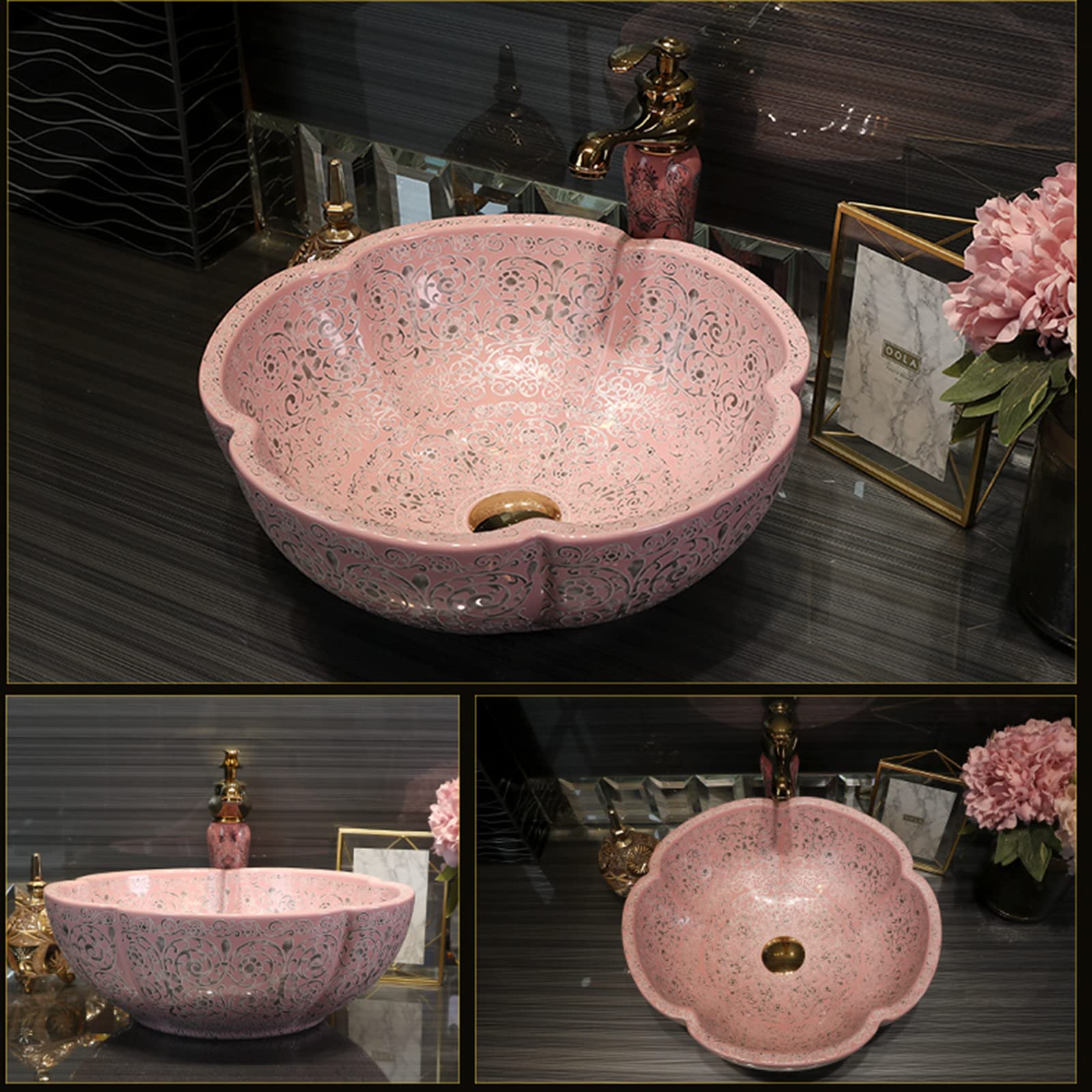 Amazon.co.jp: 洗面台シンクアートヴィンテージスタイルピンクフラワー