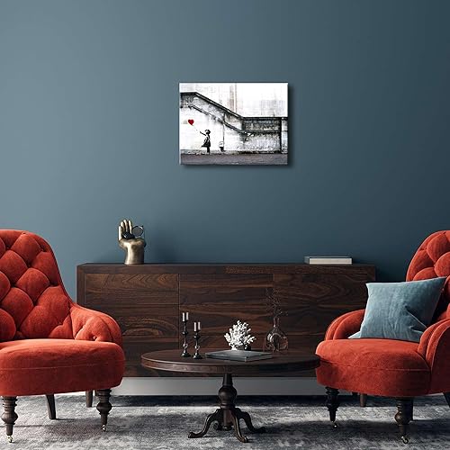 Vista 11 de Wieco Art Lienzo enmarcado para pared, impresiones en lienzo Giclée de Banksy Grafitti Girl con globo rojo, ilustraciones abstractas para decoración