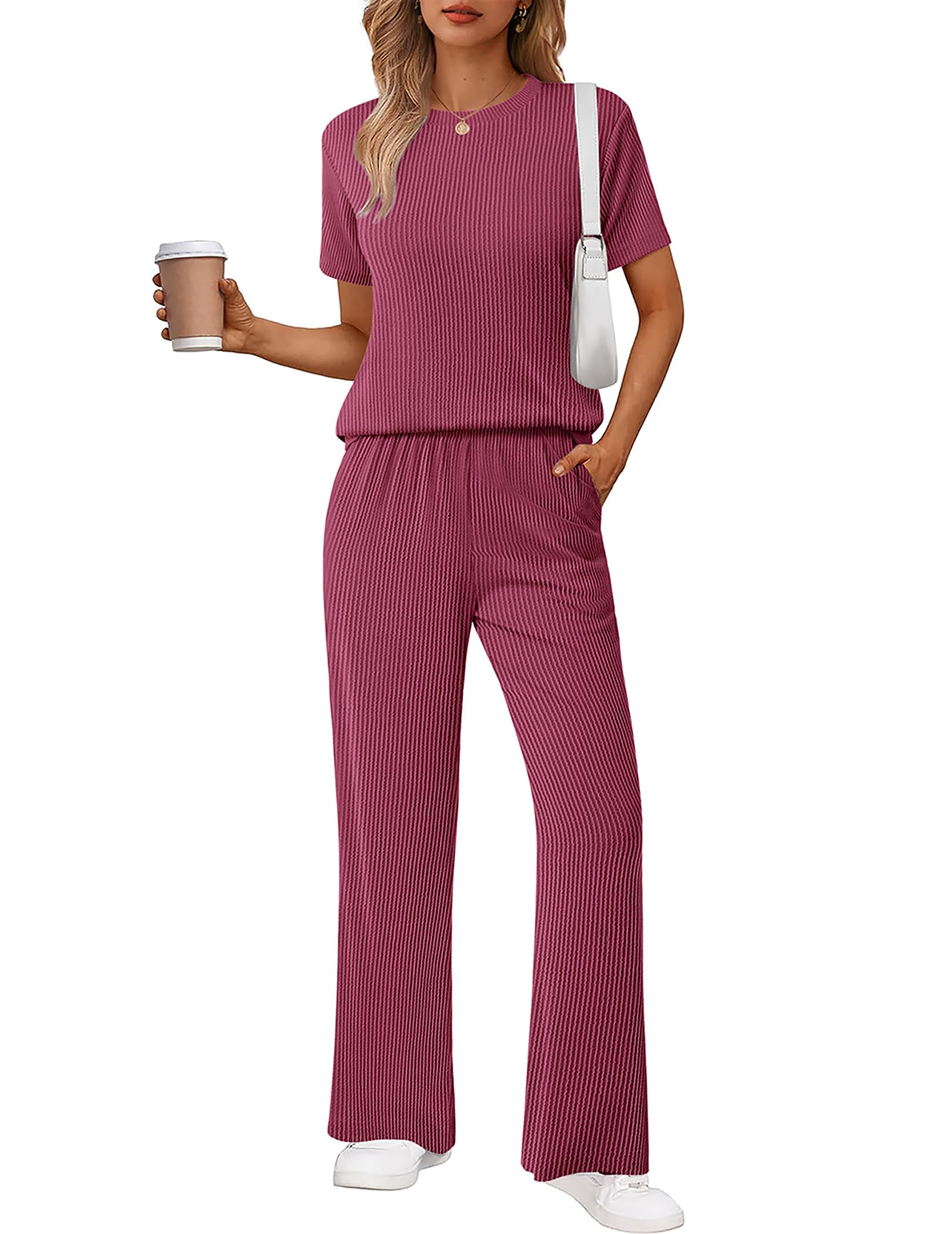 Ekouaer Lounge Sets for Women 2 Piece Matching Travel Outfits 2026 Loose Short Sleeve Top Wide Leg Pants