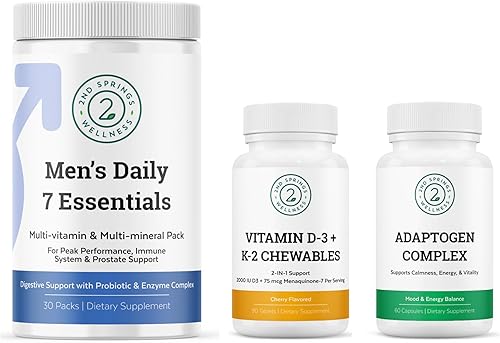 Daily 7 Essentials, complejo adaptógeno y vitamina D3 + K2 masticables para hombre