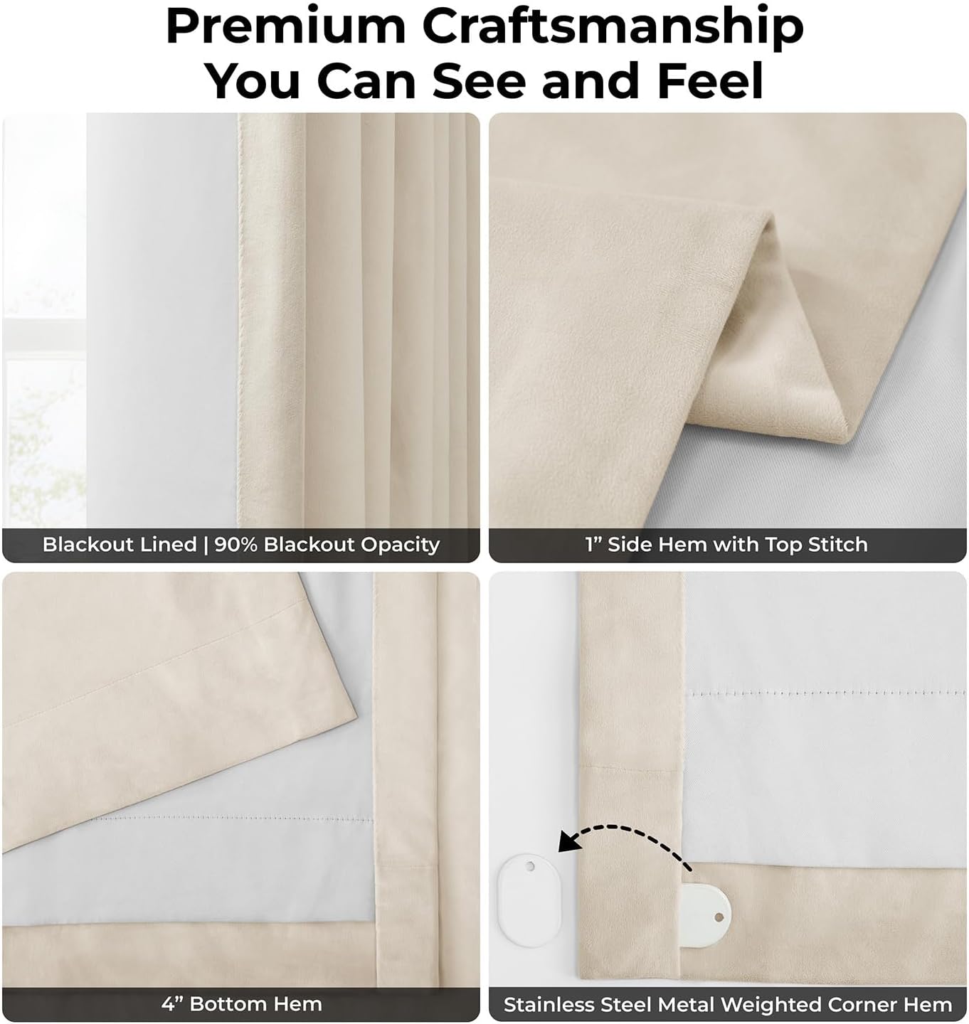 HPD Half Price Drapes Velvet Blackout Curtains/Drapes - 108 Inches Long 1 Panel Blackout Curtain Signature Pleated for Living Room & Bedroom - 25W X 108L, Ecru