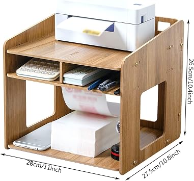 Printer Stand Workspace Desk Printer Standing Storage Paper Organizer Desktop 2 Tier Wooden Printer Riser With 3 Warehouse Files Pen Paper Desk Accessories(C)