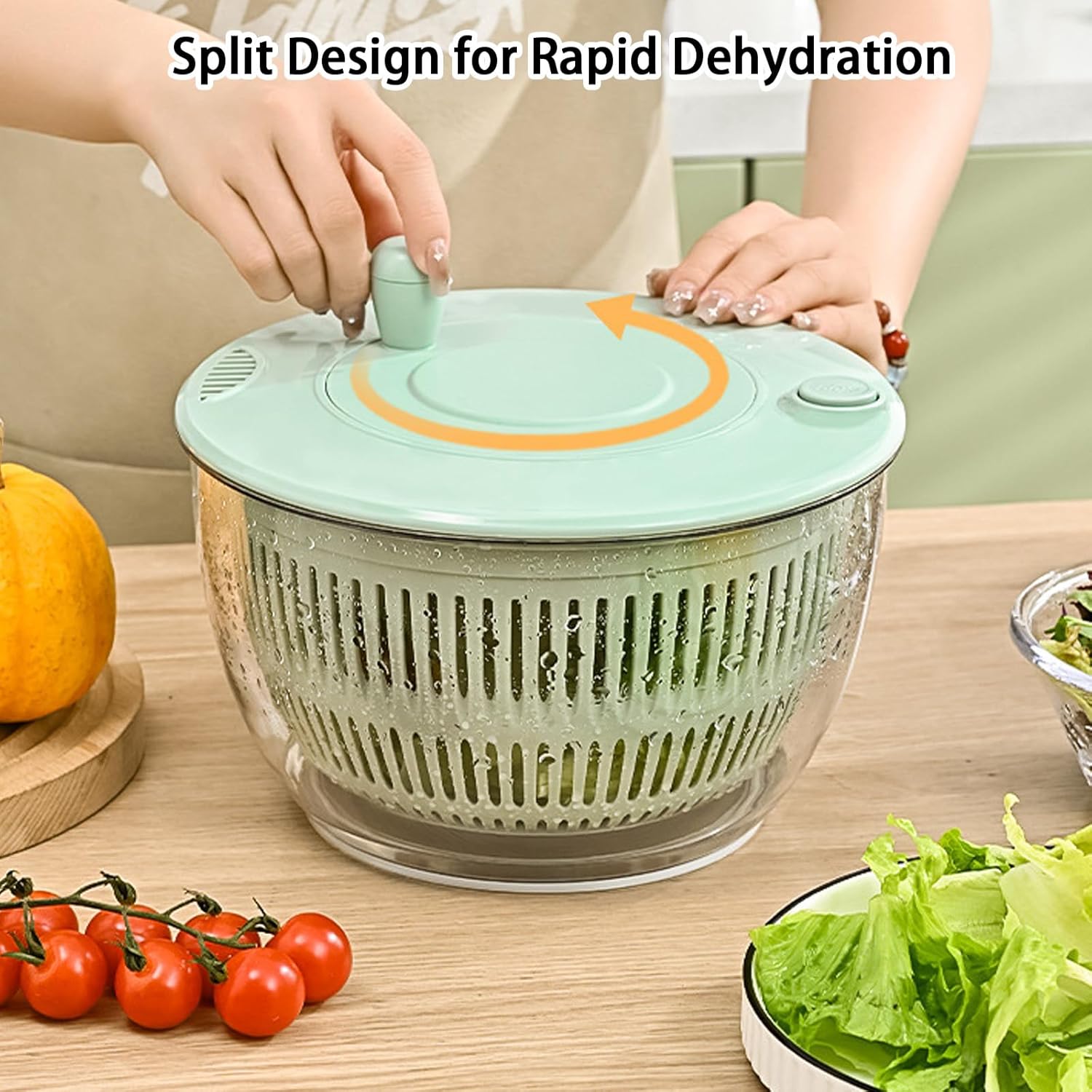Large Capacity Multi-Function Salad Spinner, One-Hand Pump Lettuce Spinner with Slicer and Vegetable Grater, Clear Serving Bowl with Quick Stop Button for Crisp Greens and Fruits (Green)