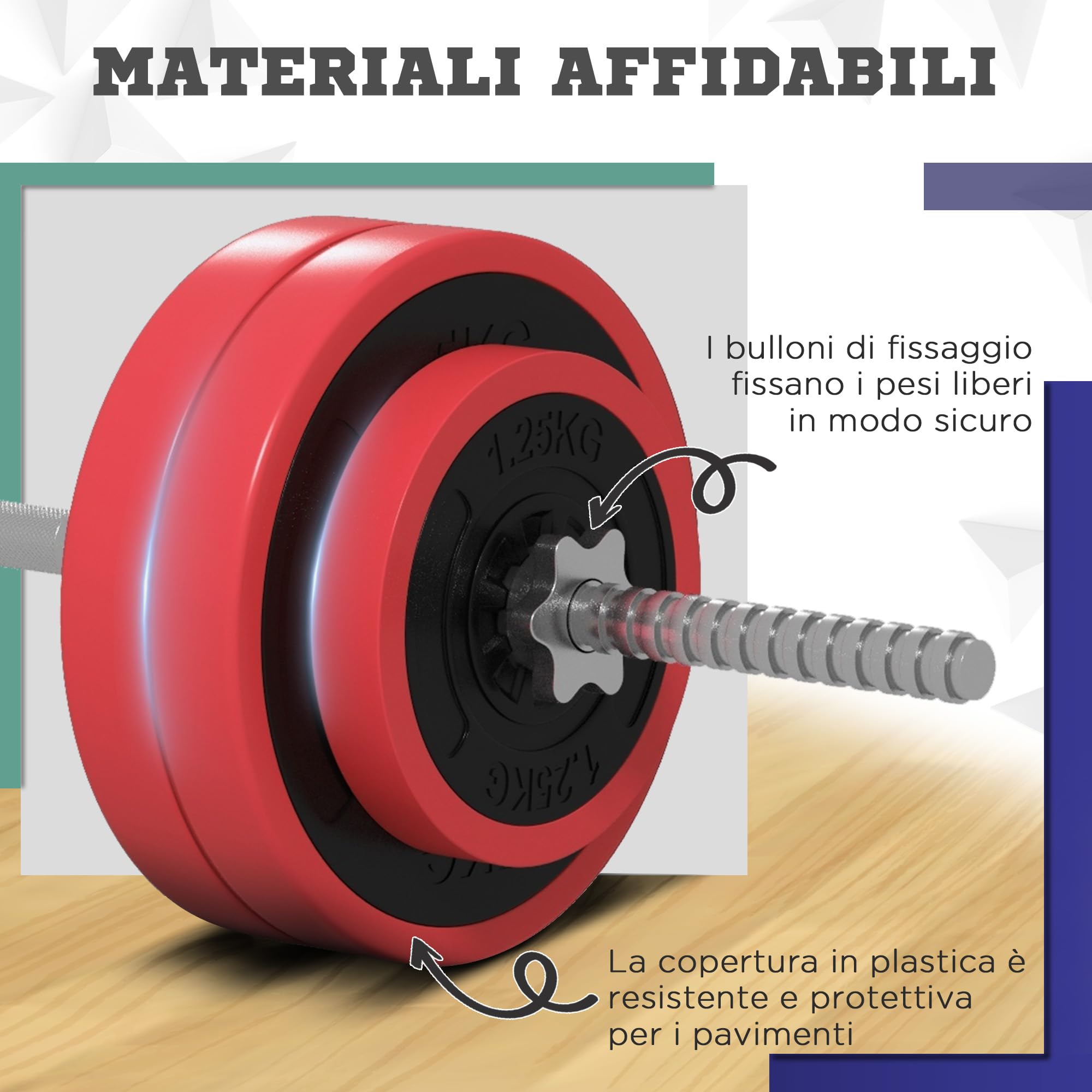 SPORTNOW Set di Bilanciere e Dischi da 30 kg totali con 6 Pesi e 2 Dadi di Fissaggio, Bilanciere Palestra Regolabile Antiscivolo in Acciaio, Plastica e Sabbia, Barra Ø25 mm, 170x26x26 cm, Rosso