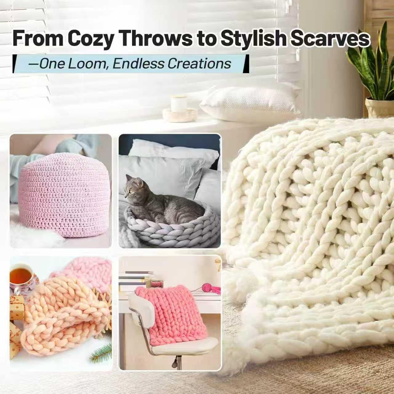 Chunky Knitting Loom Kit | DIY Large Blanket Maker | 46" Wooden Loom for Handmade Throws | Easy Installation| Gift for Craft Lovers