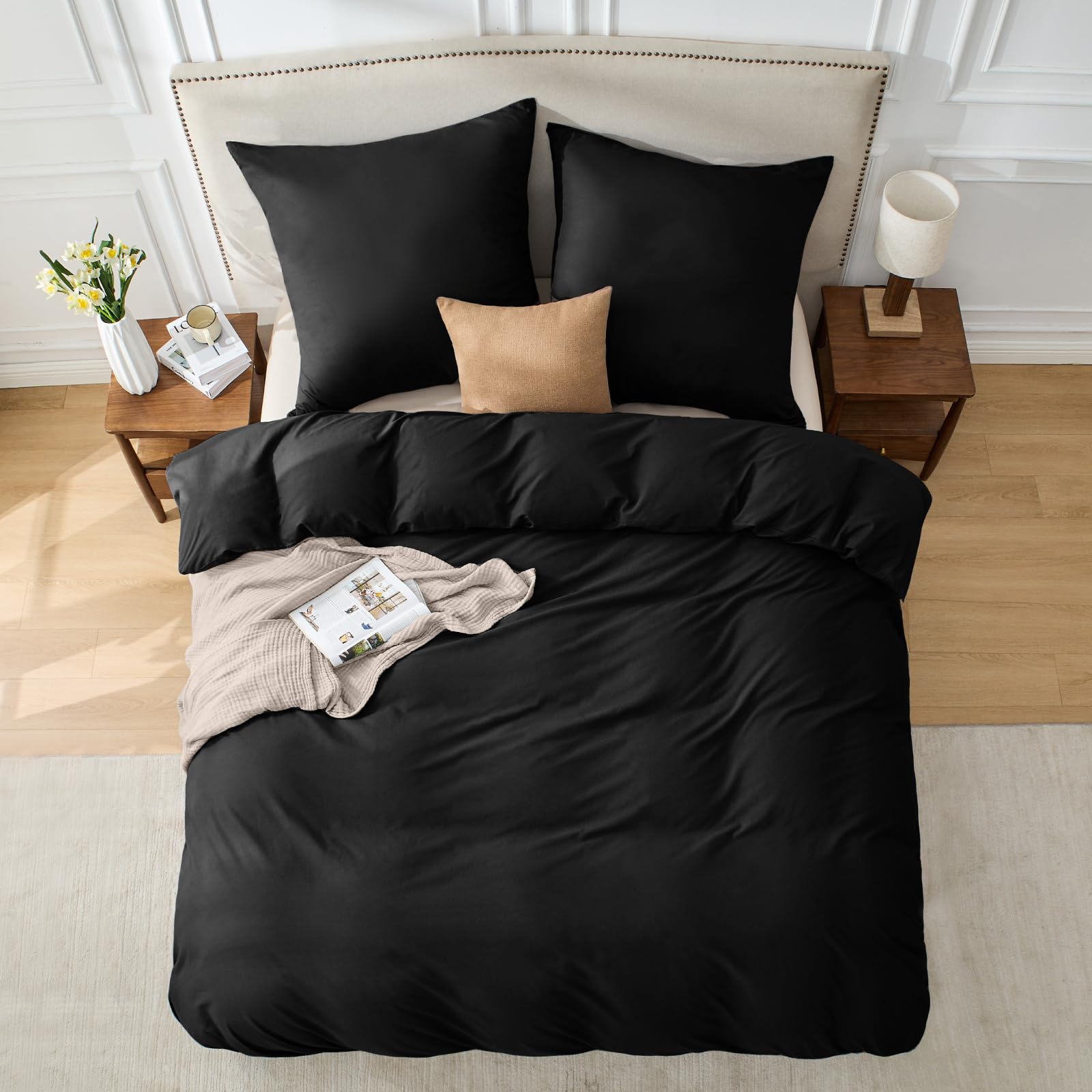 BEDELITE Bettwäsche 135x200 Baumwolle 4teilig - Bettbezüge 135x200cm 2er Set Schwarz mit 2 Kissenbezüge 80x80 cm, Oeko-TEX Bedding weiche und kuschelige Bettwaren