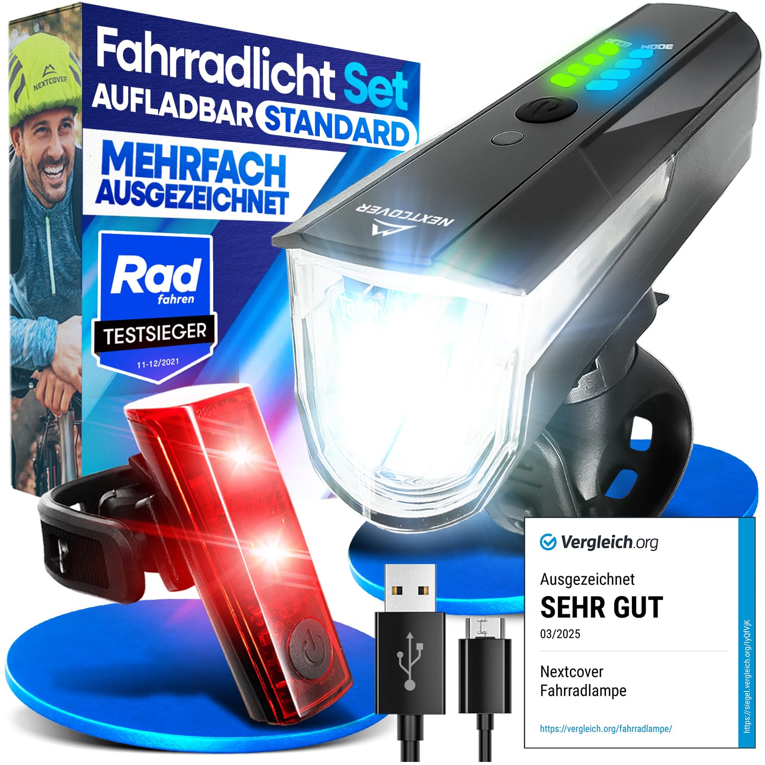 NEXTCOVER® Fahrradlicht Set - Das Original - mit [LightSense] Sensor & 11h Akkulaufzeit I USB aufladbar & wasserdicht I LED Fahrrad Licht vorne I Fahrradlampe & Fahrrad Rücklicht, Fahrradbeleuchtung