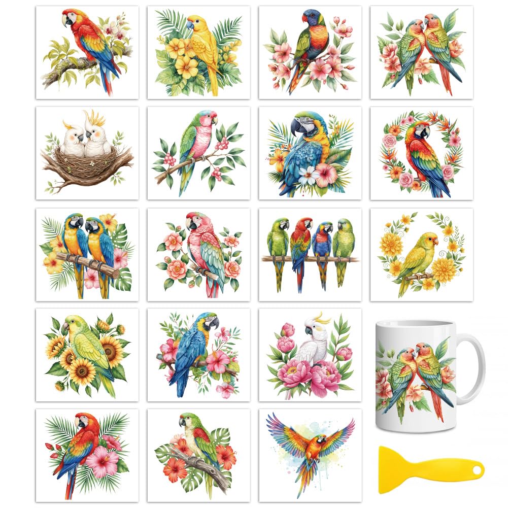 Peacoblue 18 Sheets Rub On Transfers for Crafts, Parrot with Flowers 3.6 x 3.9 Inch UV DTF Cup Wrap Waterproof Cold Transfers Stickers for Wood Glass Cup Tumblers Mirrors Mugs Home Decor
