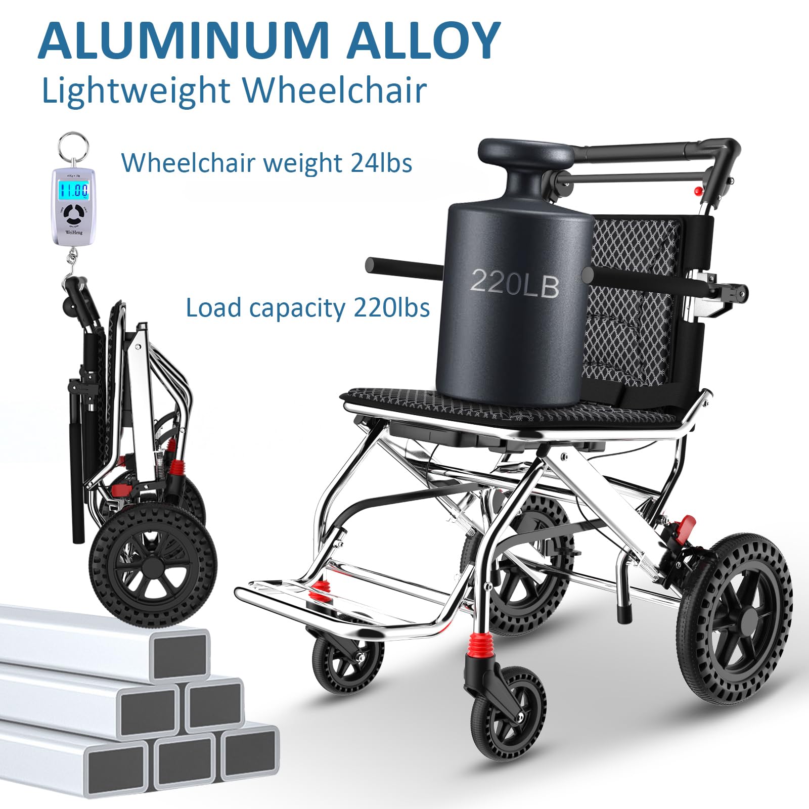 Lekkie podróżne wózki inwalidzkie dla dorosłych, składane, lekkie wózki inwalidzkie dla starszych dzieci, ultralekki aluminiowy przenośny wózek inwalidzki z ruchomymi poręczami