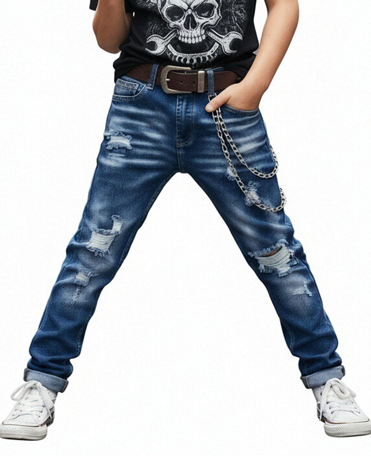 Boy's Skinny Fit Ripped Destroyed Distressed Stretch Slim Jeans Pants
