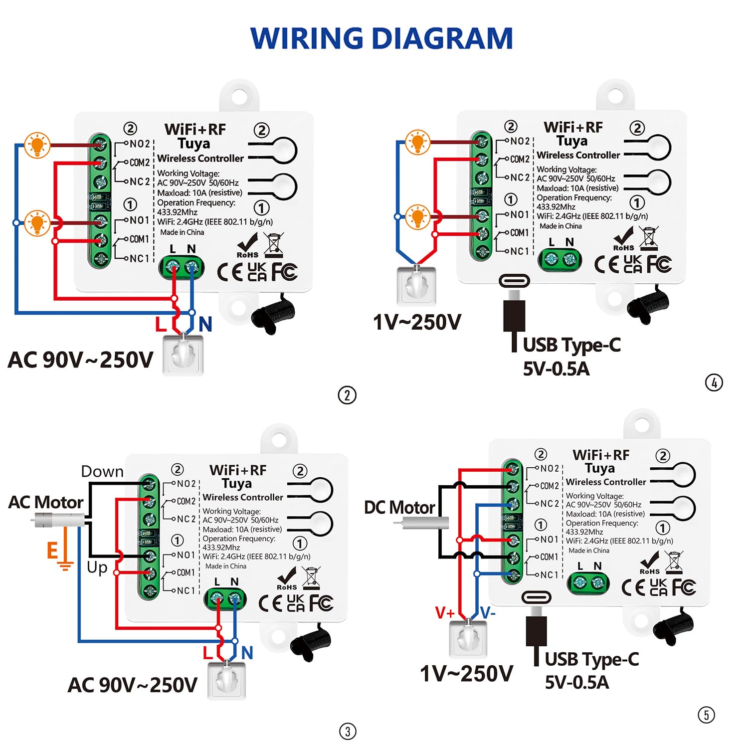DieseRC Tuya Interruptor Inteligente WIFI de 2 Canales, Módulo Relé de Salida Pasiva AC 90V-250V 220V, con 2x Mando a Distancia RF, Compatible con Alexa/Google Home
