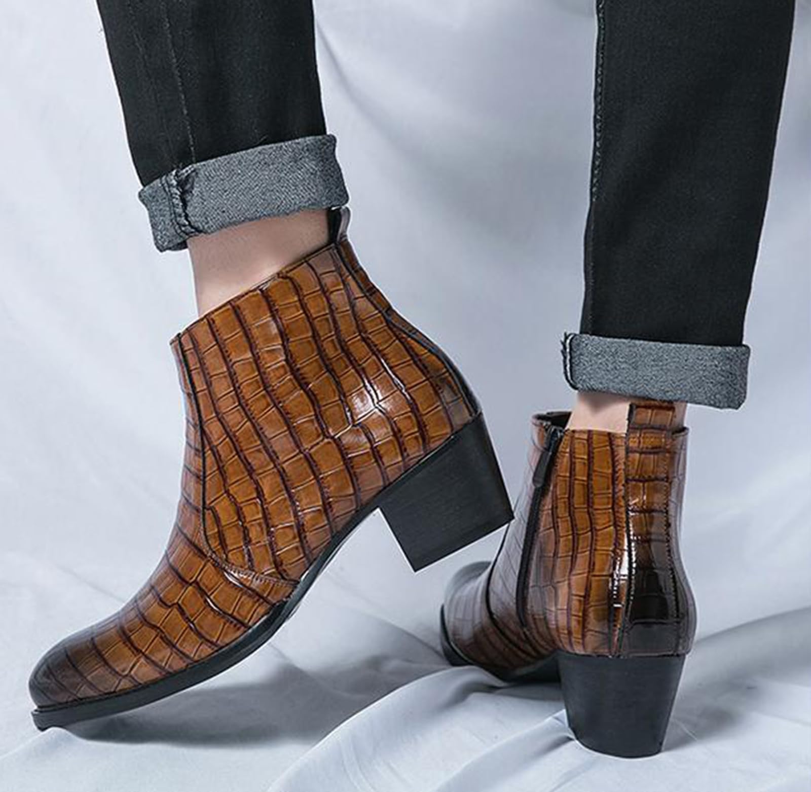 Stivaletti Chelsea Uomo Effetto Coccodrillo Tacco Alto Scarpe da Abito | Chiusura Zip Laterale Pelle Sintetica Ankle Boots Eleganti Stile Western per Matrimonio Festa Business Regalo Uomo