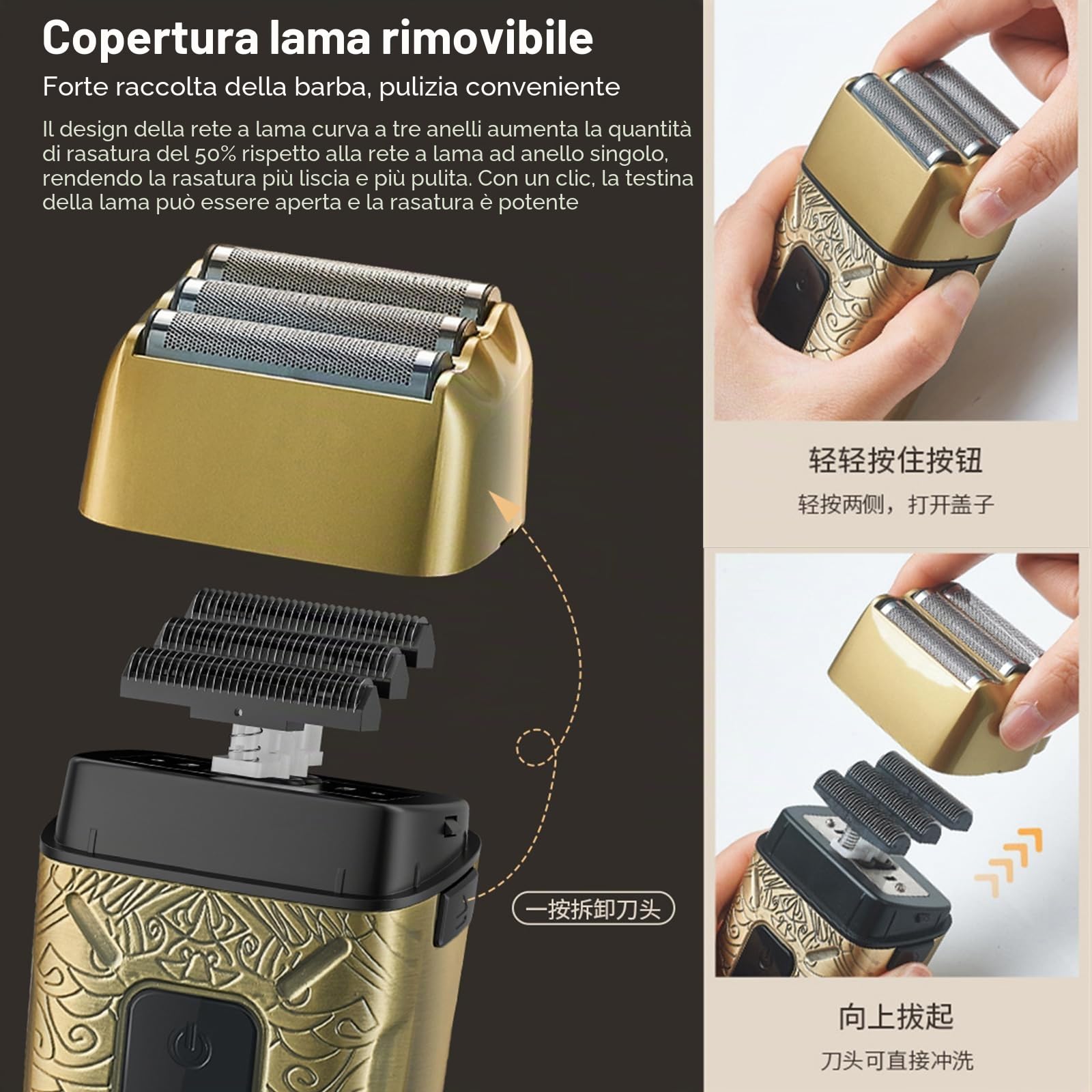 Jemora Regolabarba elettrico uomo con lamina barba a 3 testine Rasoio per testa calva Lavabile per tutto il corpo Uso asciutto e bagnato Ricaricabile con display digitale