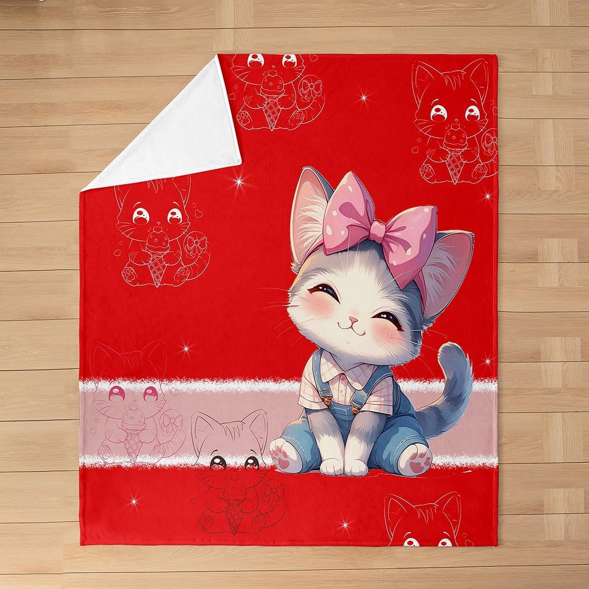 Cute Cat Flannel Blanket Queen 90"x90",Girly Kawaii Cat Silhouette Bed Sofa Blankets for Kids Boys,Lovely Animal Bow Print Fuzzy Blanket,Sweet Princess Style Breathable Blanket