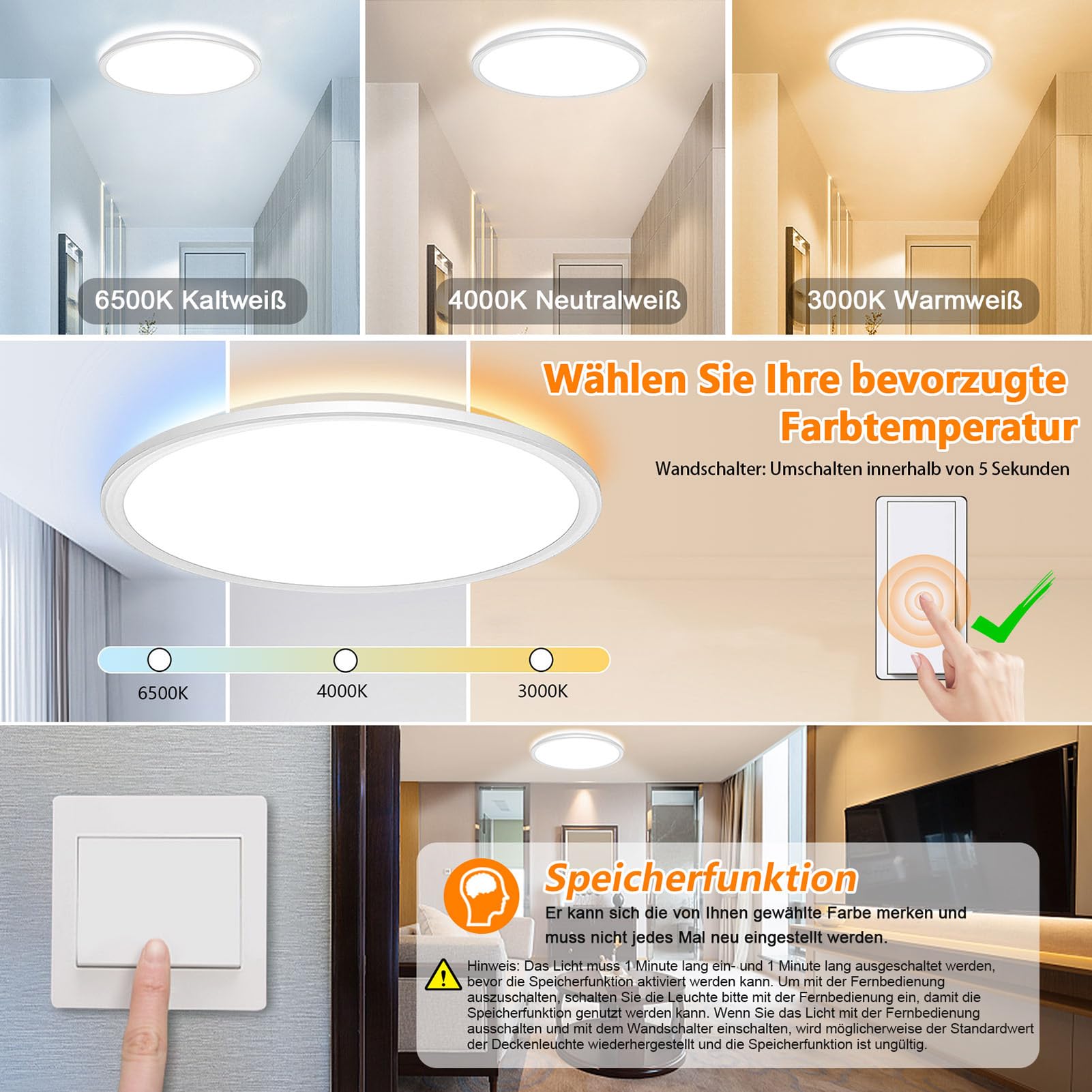 Lampara Techo,24W 3000K-6500K Plafones para Techo LED Regulable,3000LM IP40 Impermeable Plafon LED Techo Redonda con Mando a Distancia,Brillo Ajustable,Fácil de Instalar,Ø29*H2.5cm