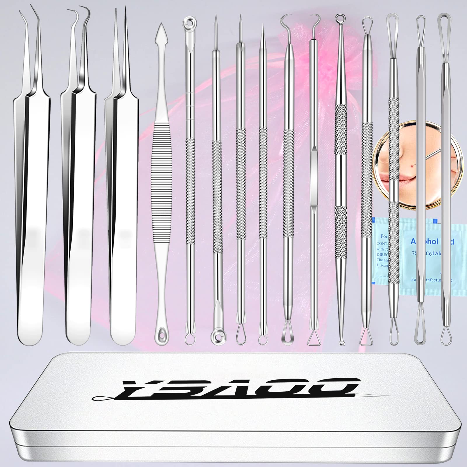2022 Latest 18PCS Blackhead Remover Tools, Acne Tools Extractor Kit,Pimple Popper Tool Kit Professional,Stainless Blemish Comedone Removal Set,with Metal Case,Ybaoo
