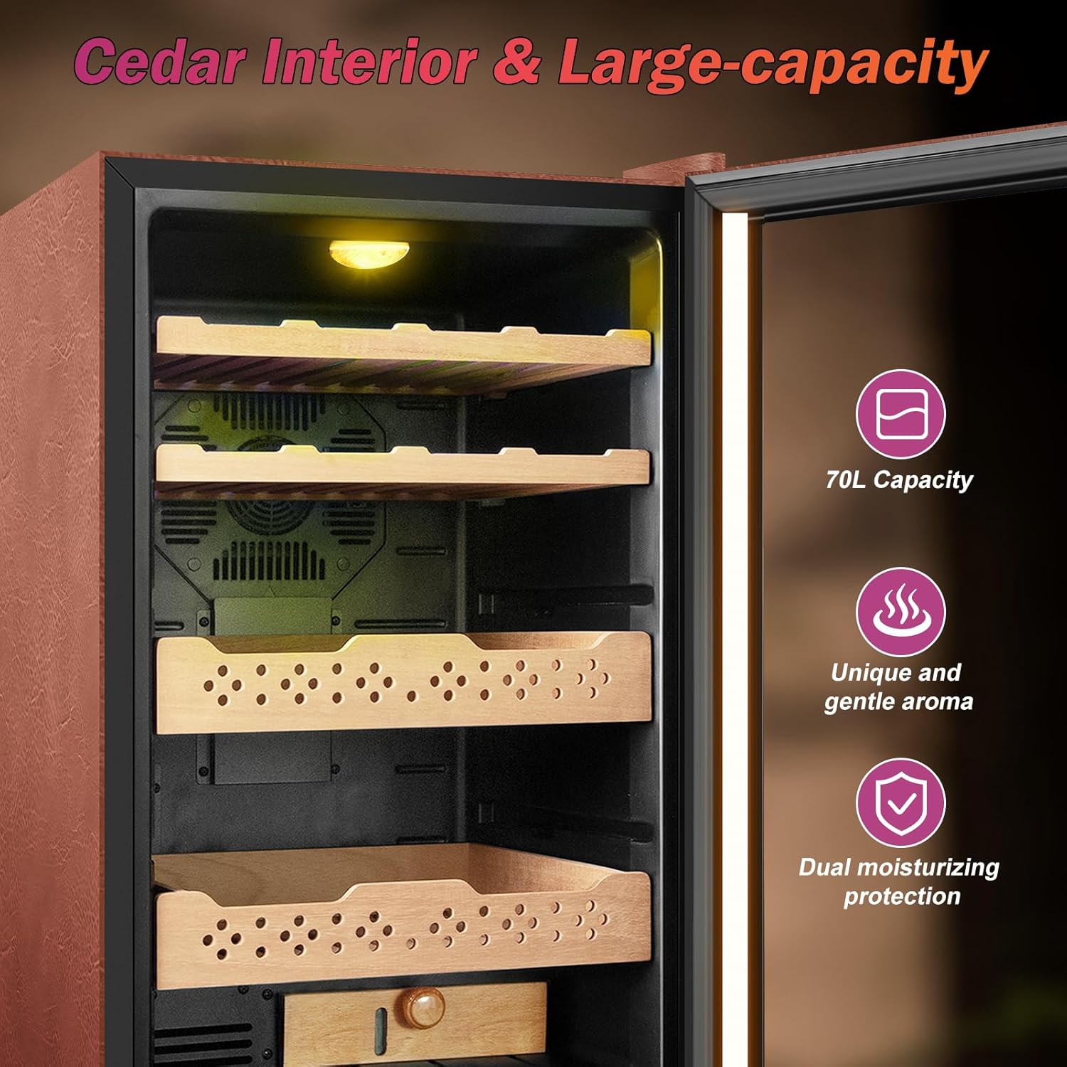 Electric Humidor with Leather-70L Cooling & Heating Humidor Cabinet, Smart Touch Control Humidity & Temp, Humidors wtih Spanish Cedar Wood Tray Digital Display, Safety Lock, Desktop Gift for Men