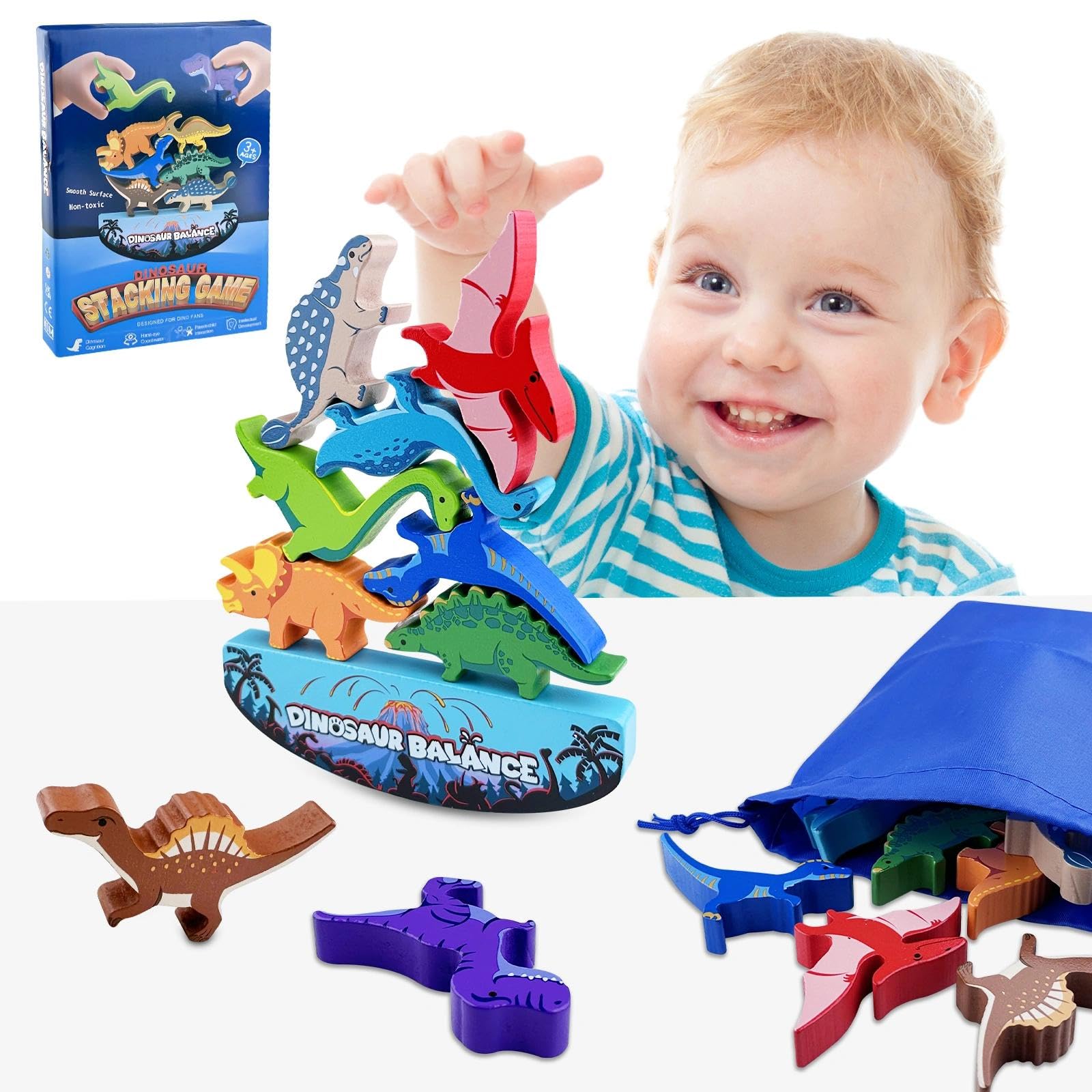 Fousenuk Juguetes de Motricidad Fina de Dinosaurios, Juguetes Montessori, Juguetes de Bloques de Construcción de Equilibrio, Bloques de Equilibrio de Madera, Juego de Apilamiento, para Niños 3+ Años