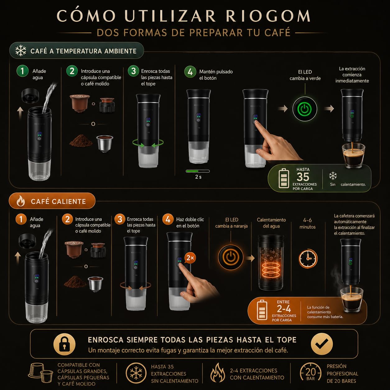 Cafetera Portátil de Capsulas 3 en 1 Outin 20v Usb-C + Estuche rígido, Compacta, Ligera Y Recargable, Ideal para Tomar Cafe Caliente en Camping, Coche, camion Oficina (Gris)