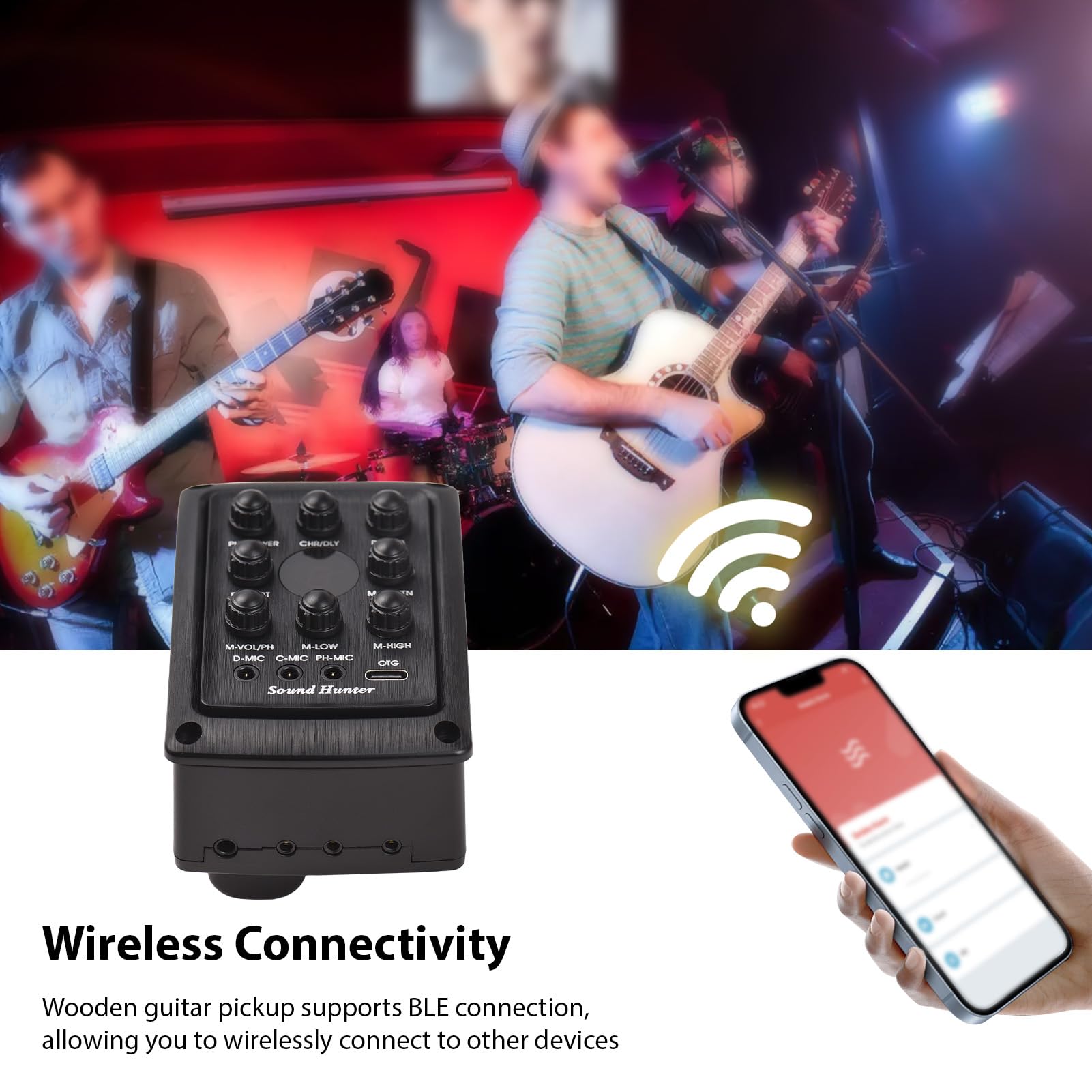 Drewniany Zestaw Przetworników Gitarowych z Funkcjami Chorus Delay Reverb dla Akcesoriów do Akustycznych Instrumentów do Gitary Drewnianej, łączność BLE Przesyłania Strumieniowego na żywo i