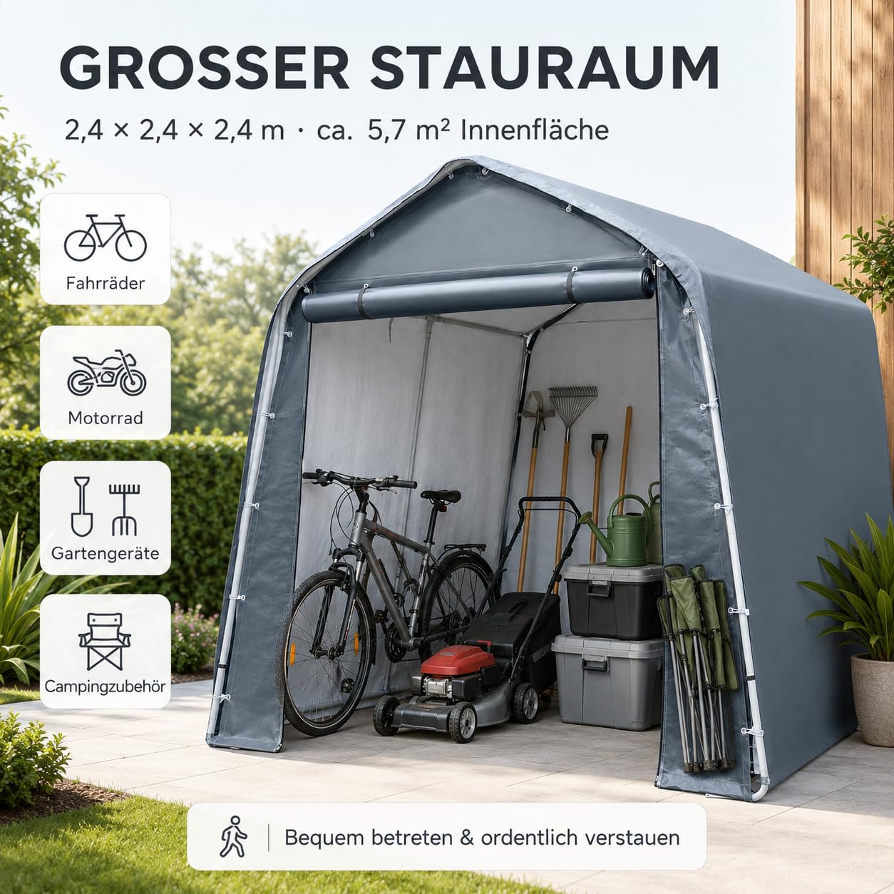 Cobertizo para herramientas, 240 x 240 x 240 cm, resistente al agua y protección UV, lona de polietileno con puerta con cremallera, tienda de almacenamiento para bicicletas, herramientas de jardín y