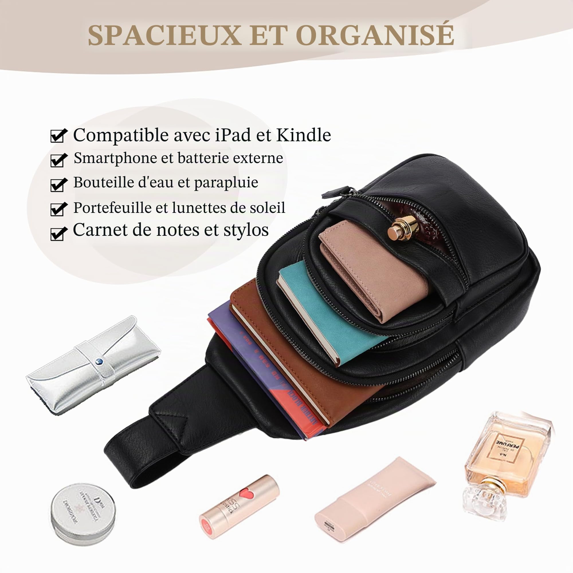 RAVUO Sac à Bandoulière Femme, Sac de Poitrine Cuir PU Mode Petit Sac à Main Sac Banane avec Bretelles Réglables Sling Bag pour Voyage Shopping Sport,Noir