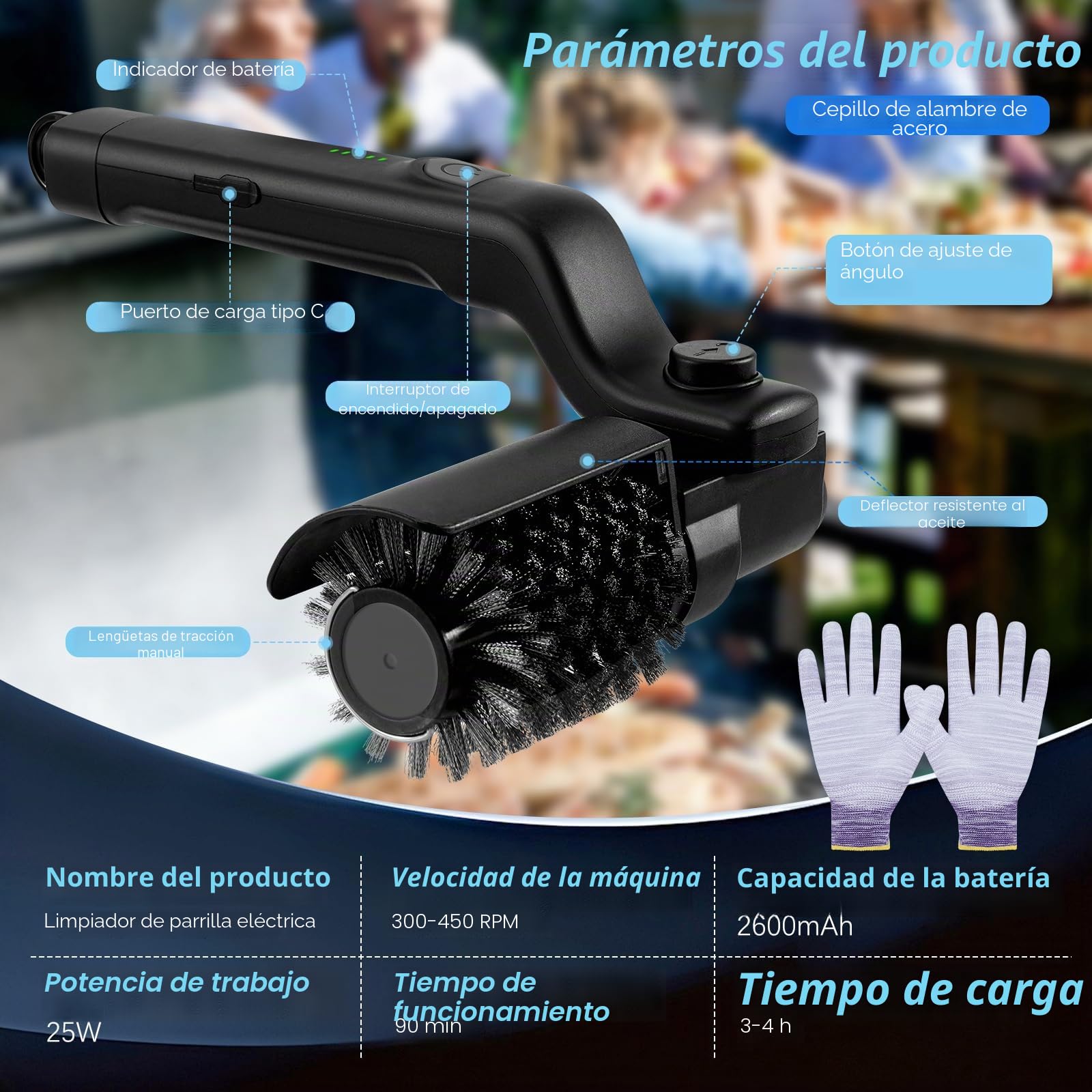 Cepillo Eléctrico Mejorado para Parrilla, Cepillo de Limpieza de Barbacoa Inalámbrico Recargable con 3 Velocidades y 2 Cabezales, 180° Ajustable, Cerdas de Acero Inox para Todo Tipo De Parrilla