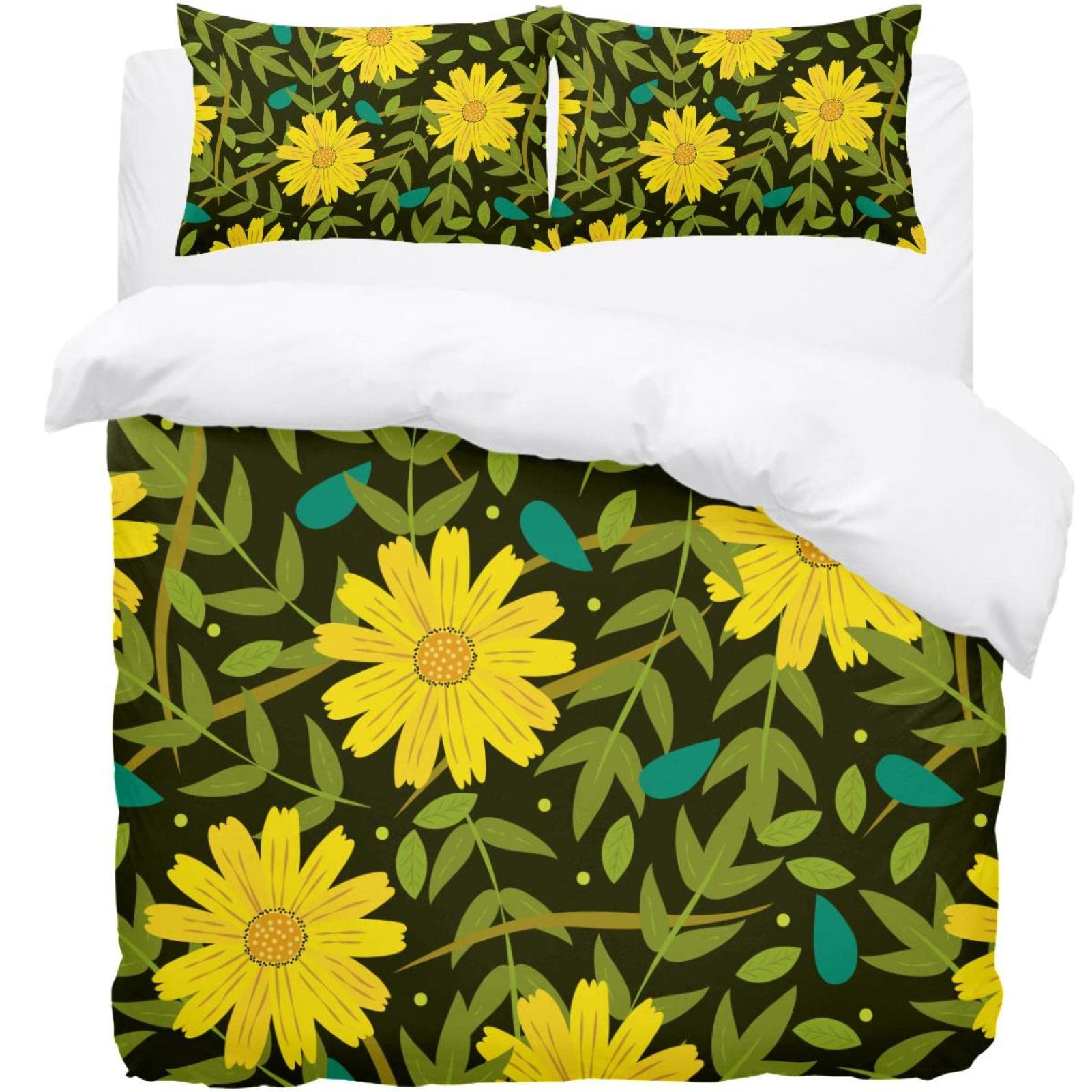 Parure de lit motif floral jaune avec housse de couette et taies