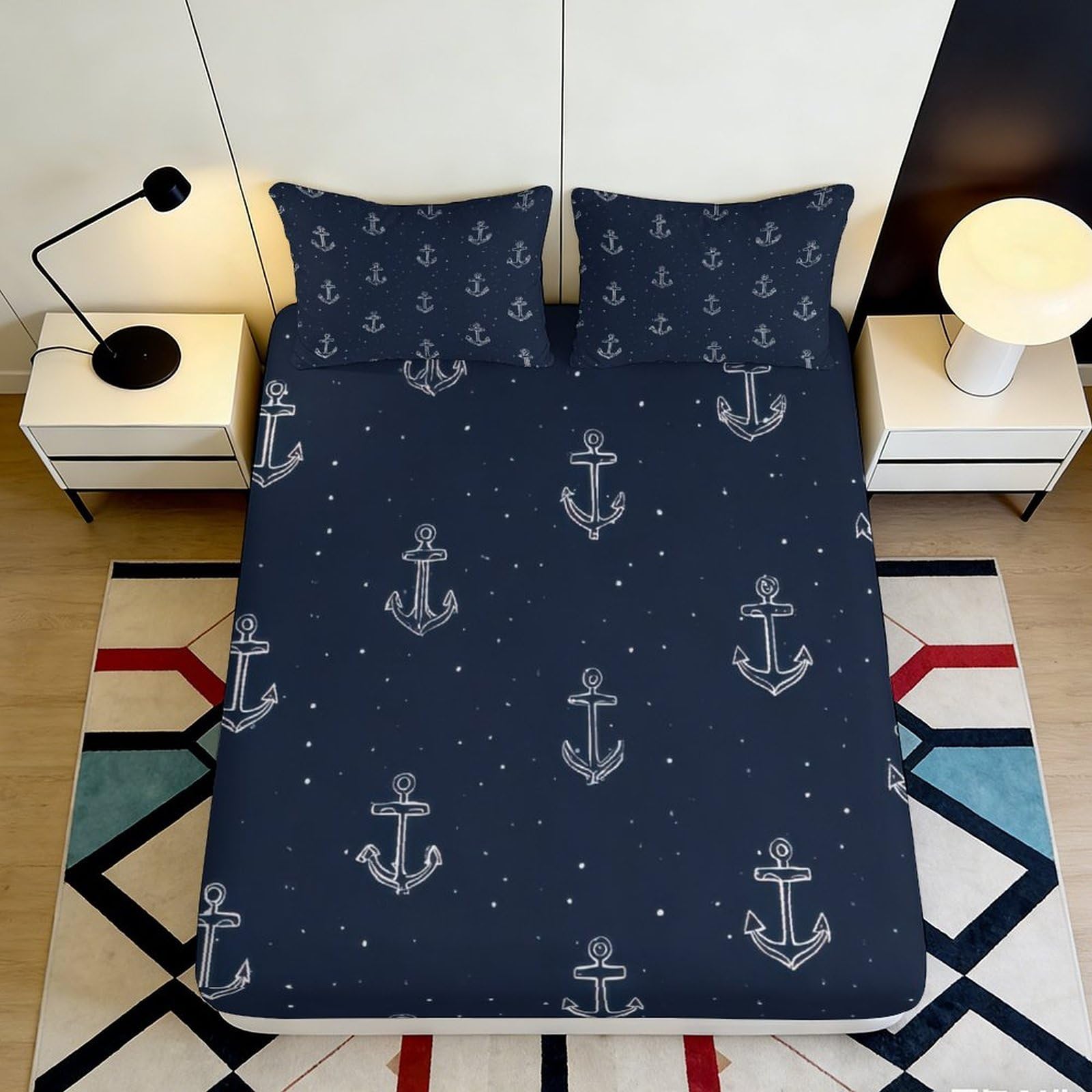Nautical Decor 3D Printed Fitted Sheet Navy Blue Anchor Pattern Microfiber Soft Touch, Wrinkle Resistant, Apartment Bedding 90x200x25cm